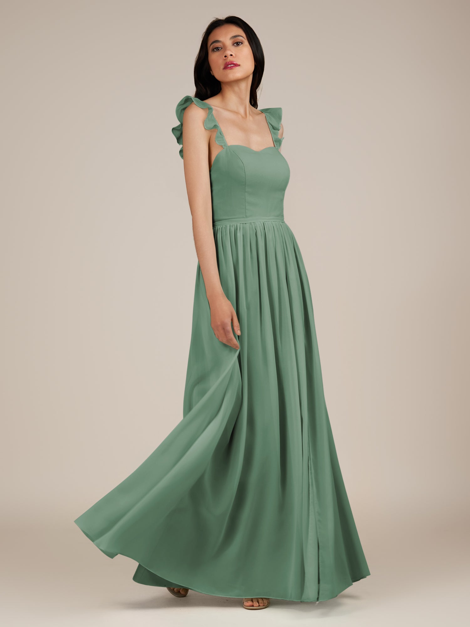 KissDress-Onyx Sea Glass A Line Sweetheart Chiffon Ruffled Long Bridesmaid Dress with Slit