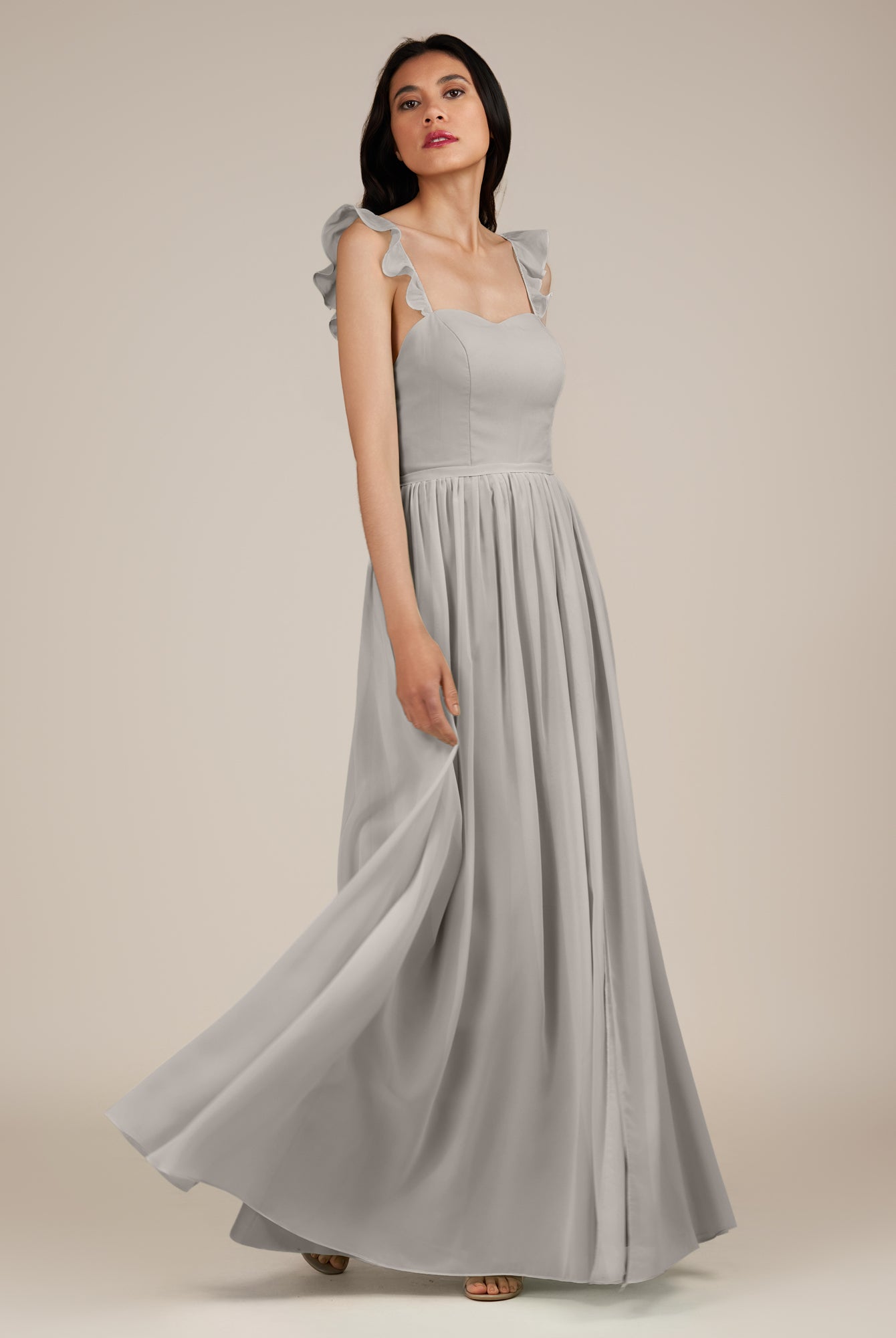 KissDress-Onyx Silver A Line Sweetheart Chiffon Ruffled Long Bridesmaid Dress with Slit