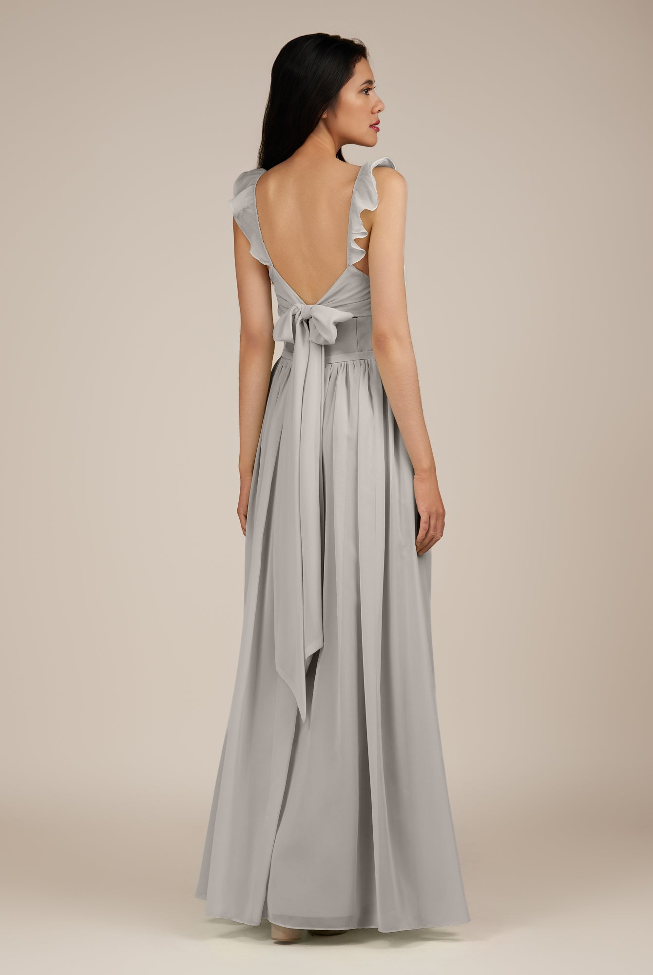 KissDress-Onyx Silver A Line Sweetheart Chiffon Ruffled Long Bridesmaid Dress with Slit