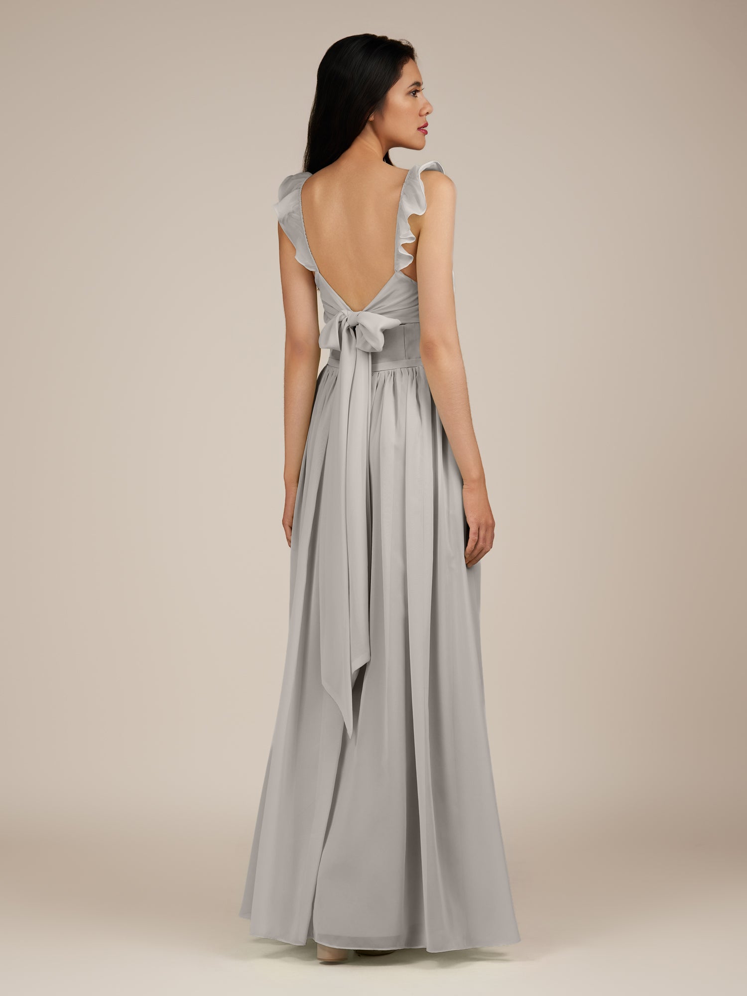KissDress-Onyx Silver A Line Sweetheart Chiffon Ruffled Long Bridesmaid Dress with Slit