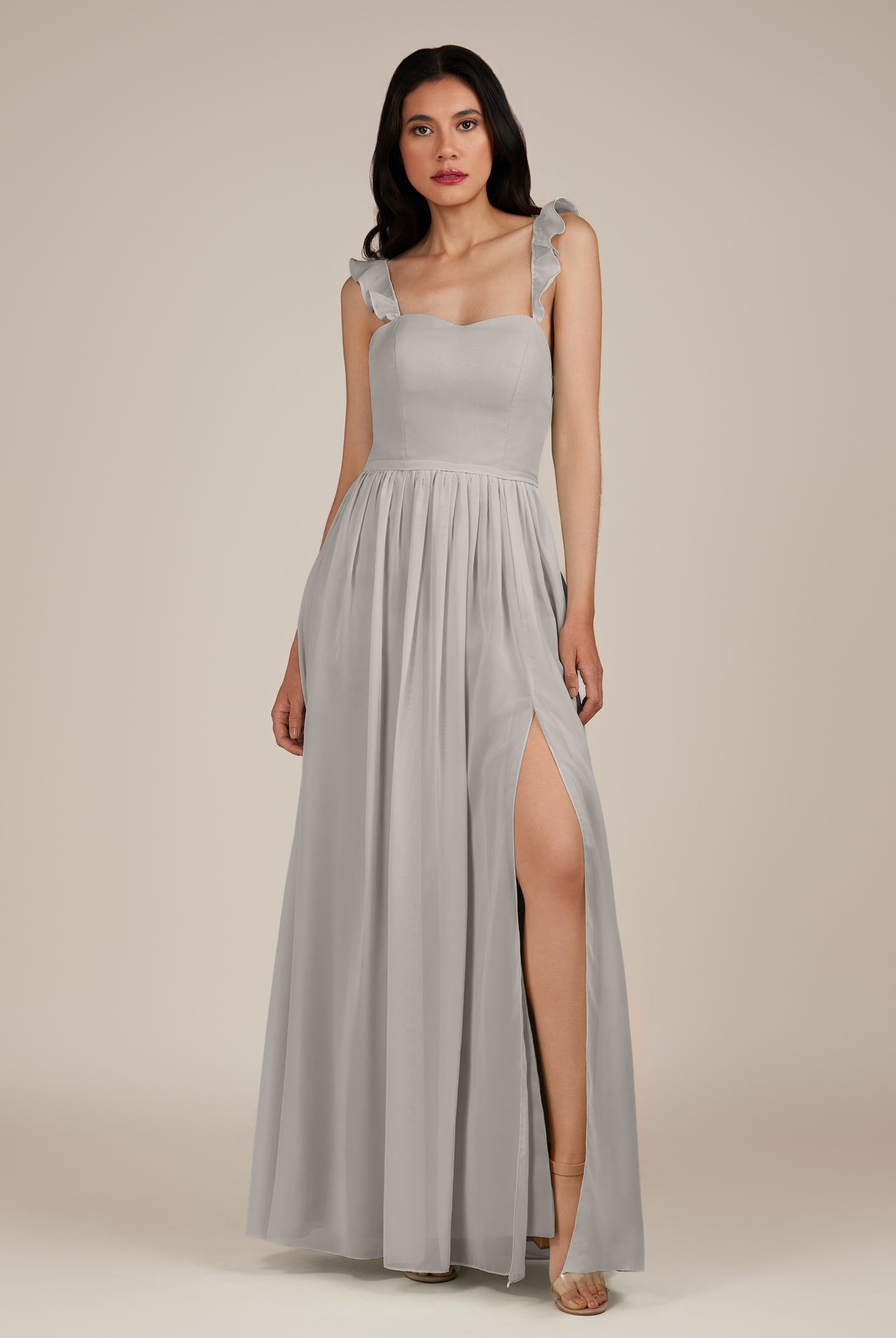 KissDress-Onyx Silver A Line Sweetheart Chiffon Ruffled Long Bridesmaid Dress with Slit