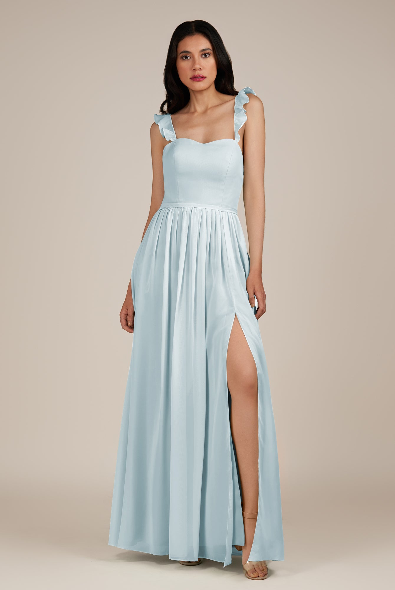 KissDress-Onyx Sky Blue A Line Sweetheart Chiffon Ruffled Long Bridesmaid Dress with Slit