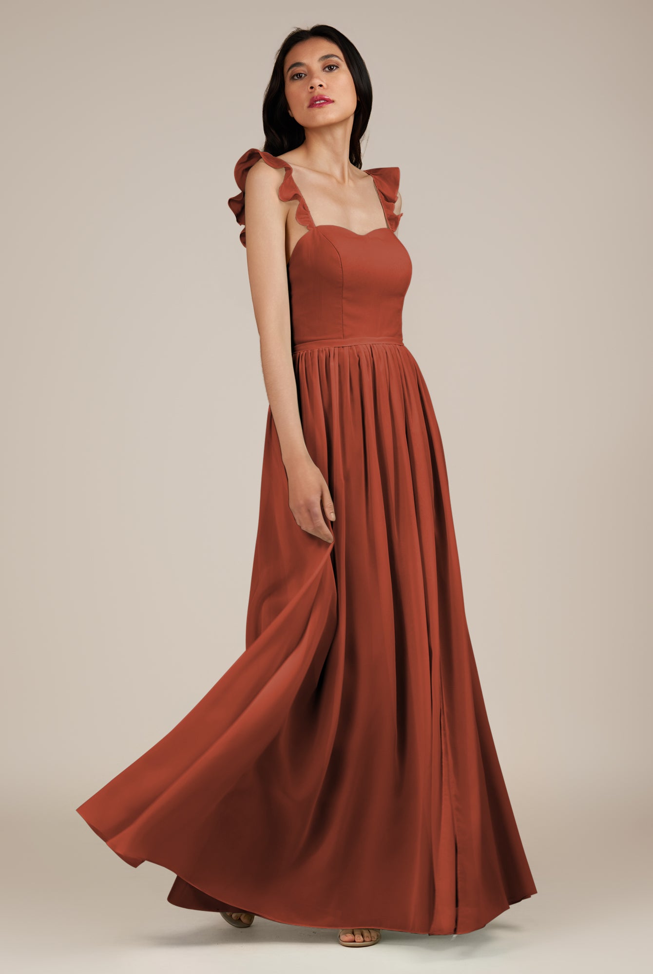 KissDress-Onyx Spice A Line Sweetheart Chiffon Ruffled Long Bridesmaid Dress with Slit