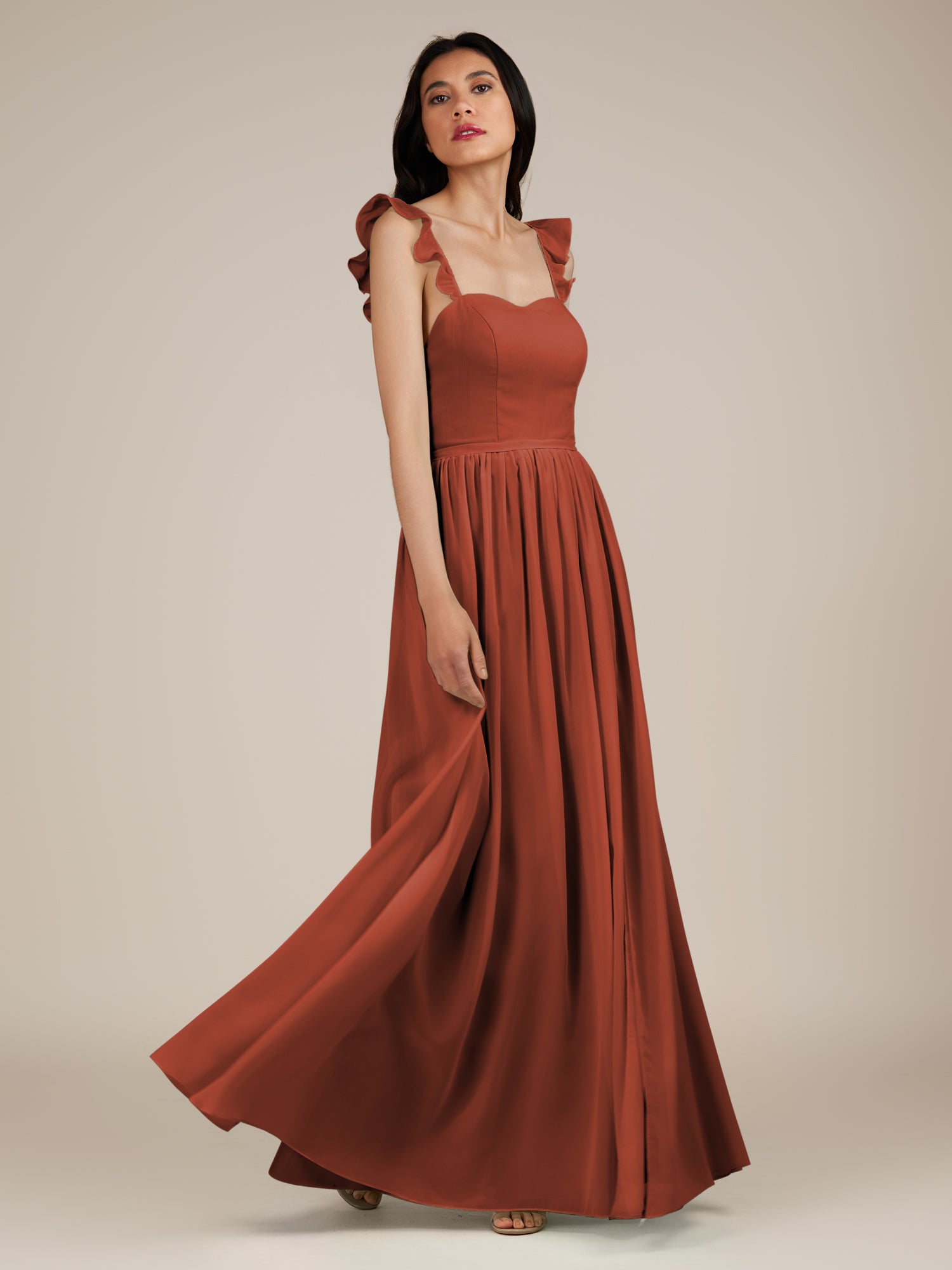 KissDress-Onyx Spice A Line Sweetheart Chiffon Ruffled Long Bridesmaid Dress with Slit