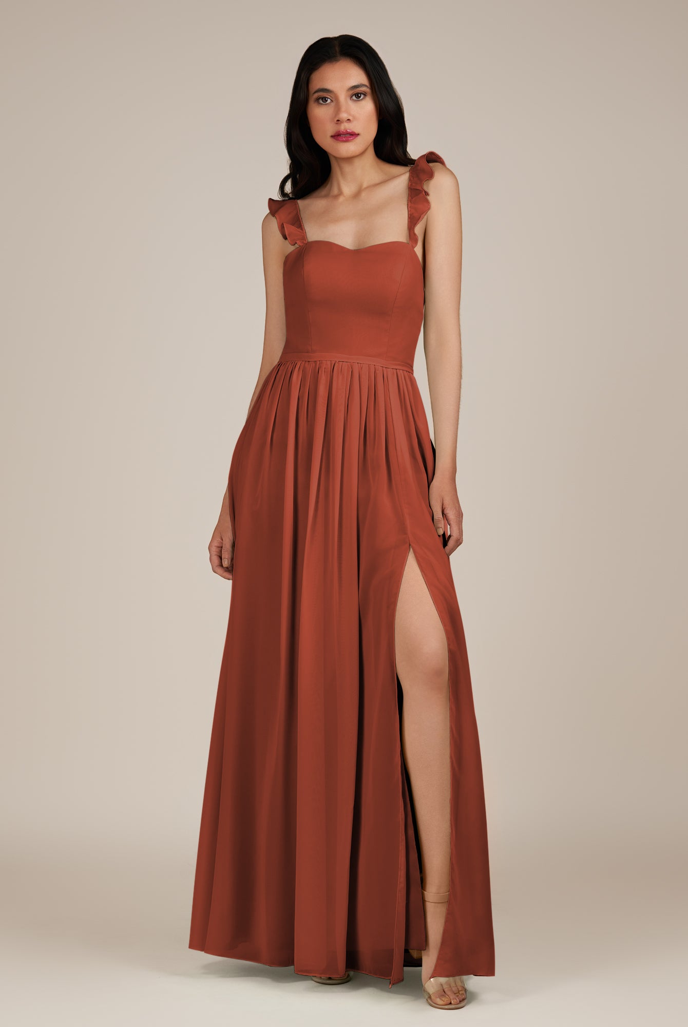 KissDress-Onyx Spice A Line Sweetheart Chiffon Ruffled Long Bridesmaid Dress with Slit