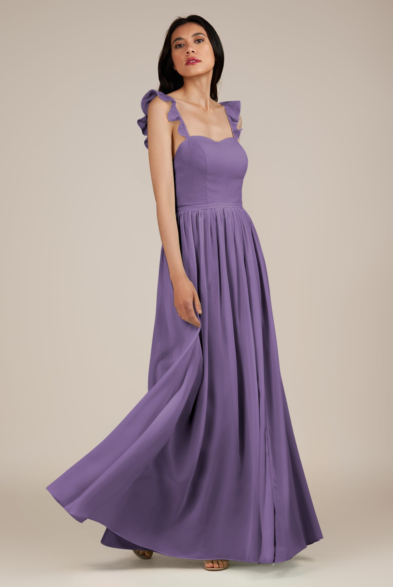 KissDress-Onyx Tahiti A Line Sweetheart Chiffon Ruffled Long Bridesmaid Dress with Slit