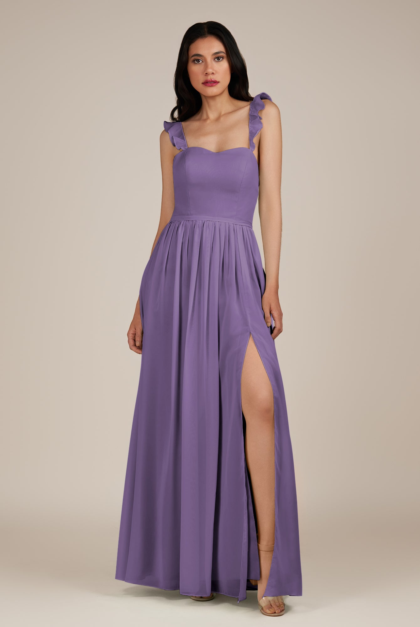 KissDress-Onyx Tahiti A Line Sweetheart Chiffon Ruffled Long Bridesmaid Dress with Slit