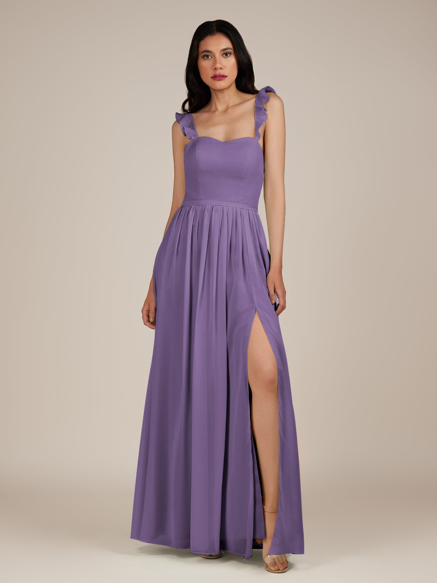 KissDress-Onyx Tahiti A Line Sweetheart Chiffon Ruffled Long Bridesmaid Dress with Slit