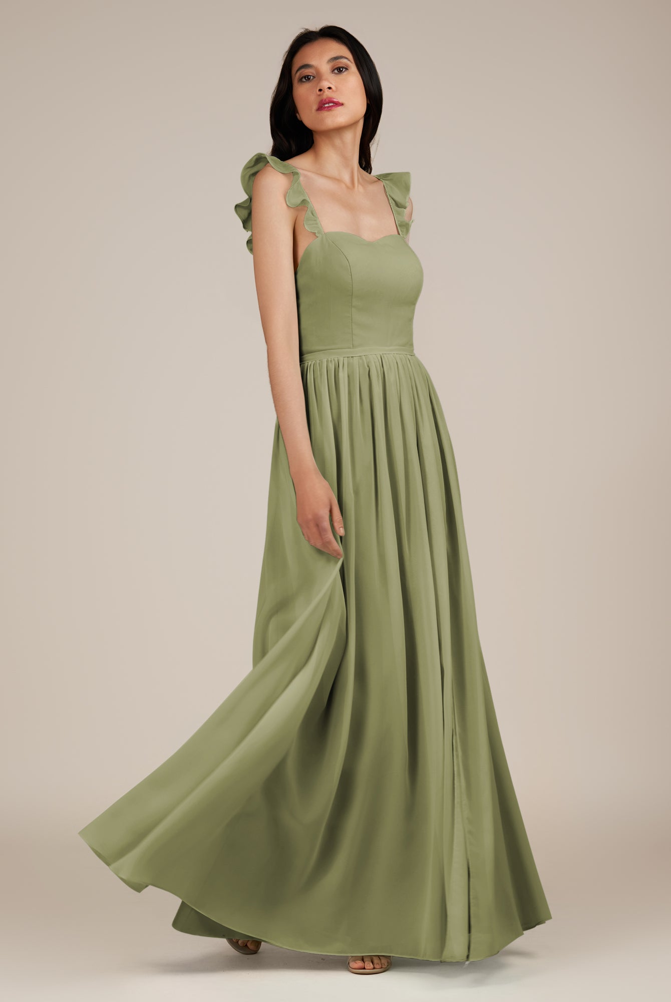KissDress-Onyx Thyme A Line Sweetheart Chiffon Ruffled Long Bridesmaid Dress with Slit