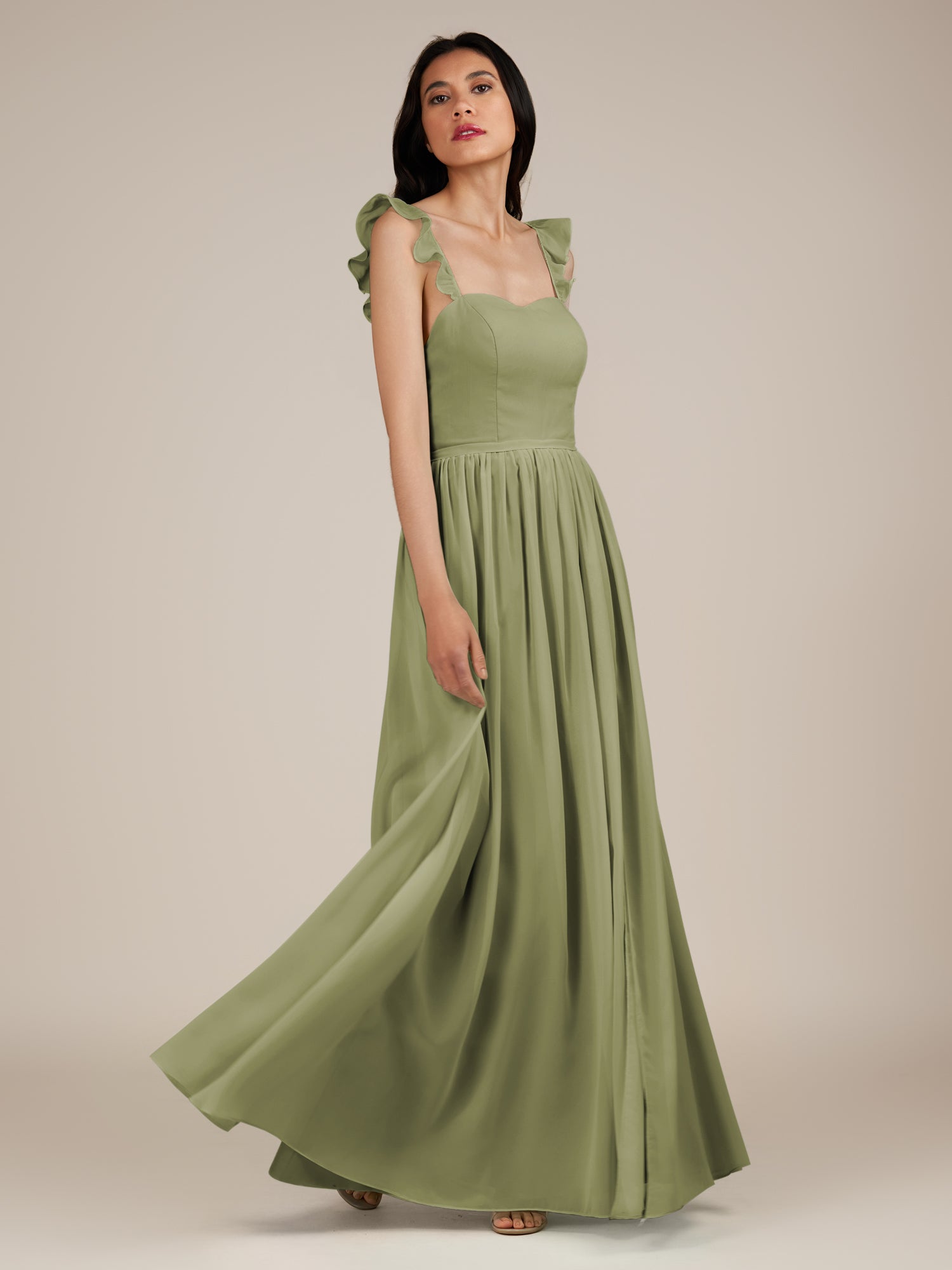 KissDress-Onyx Thyme A Line Sweetheart Chiffon Ruffled Long Bridesmaid Dress with Slit