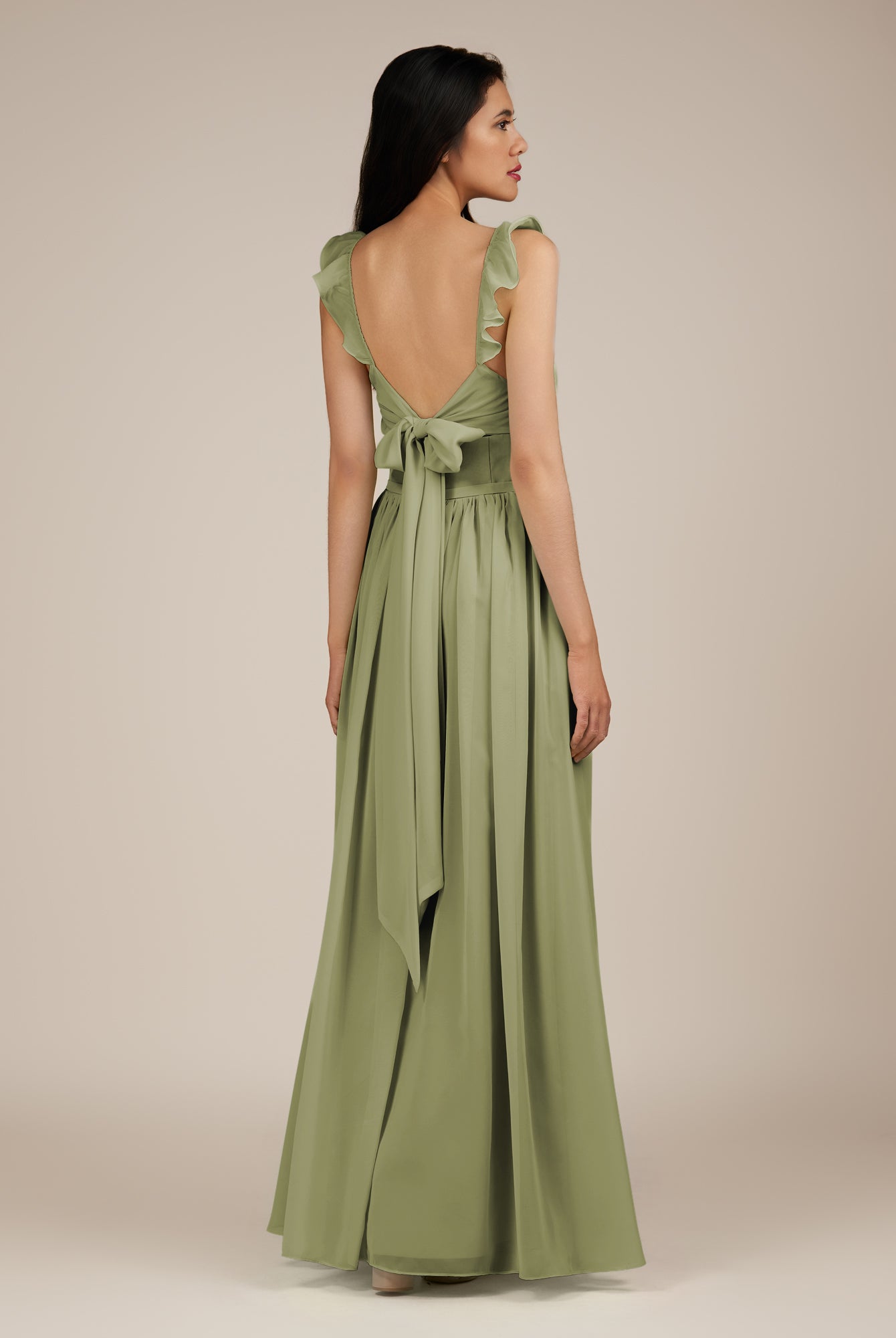 KissDress-Onyx Thyme A Line Sweetheart Chiffon Ruffled Long Bridesmaid Dress with Slit