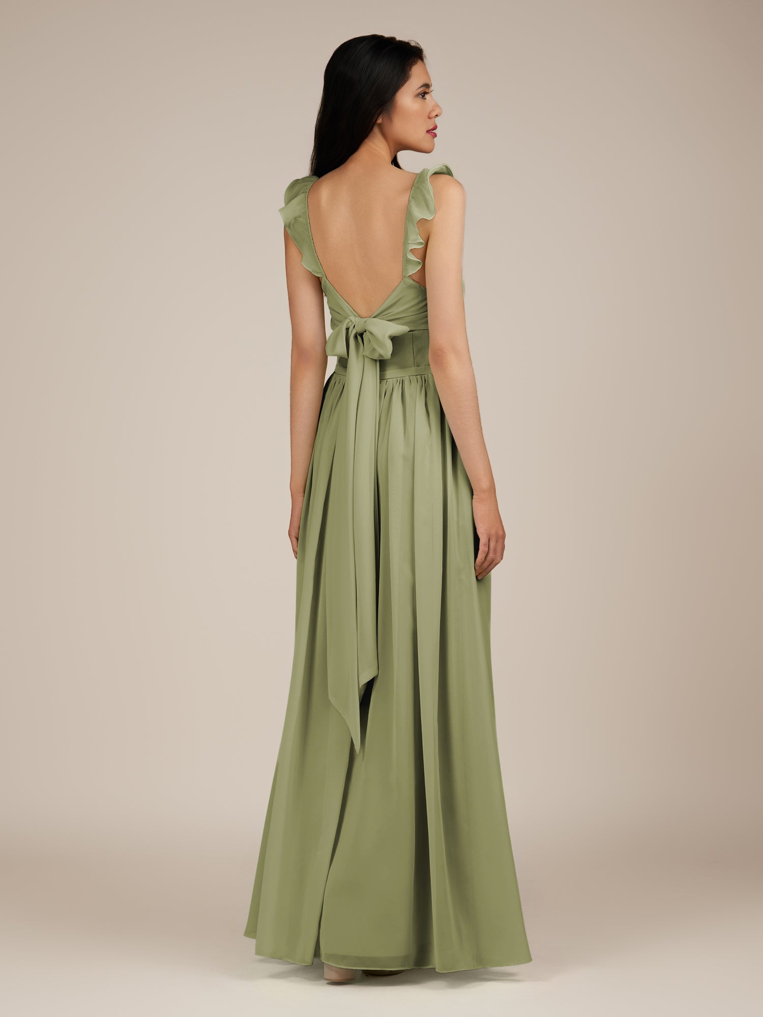 KissDress-Onyx Thyme A Line Sweetheart Chiffon Ruffled Long Bridesmaid Dress with Slit