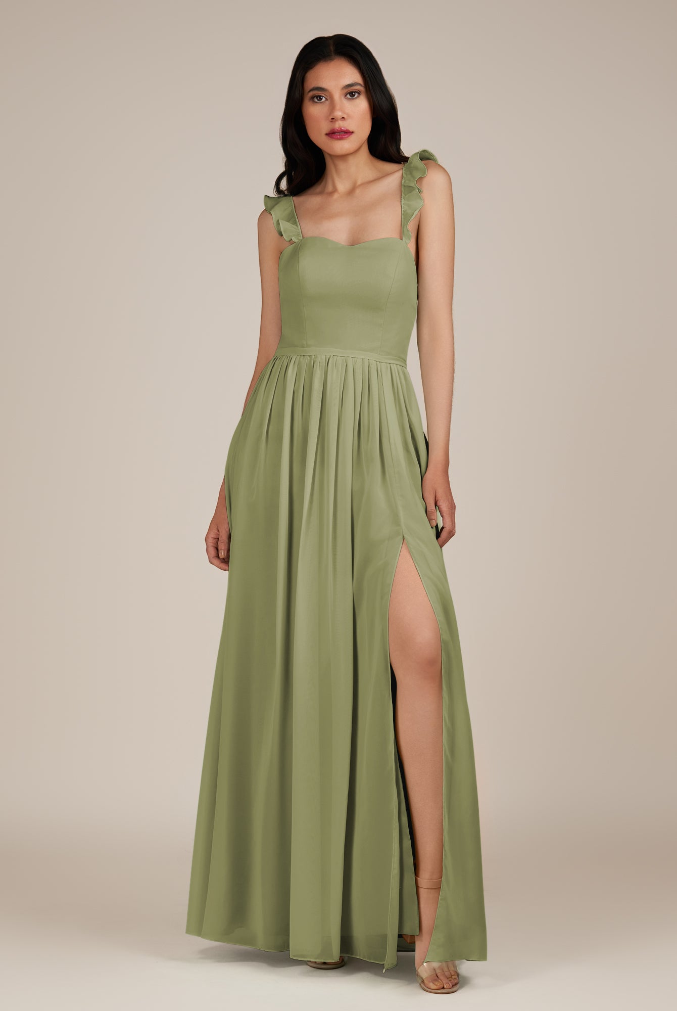 KissDress-Onyx Thyme A Line Sweetheart Chiffon Ruffled Long Bridesmaid Dress with Slit