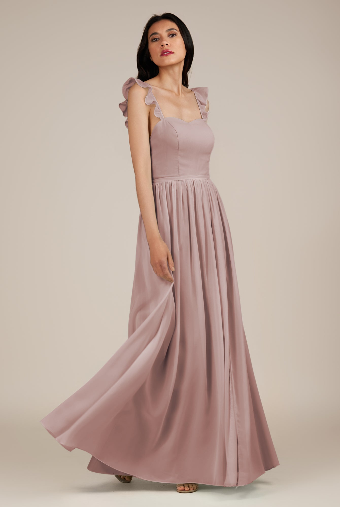 KissDress-Onyx Toffee A Line Sweetheart Chiffon Ruffled Long Bridesmaid Dress with Slit