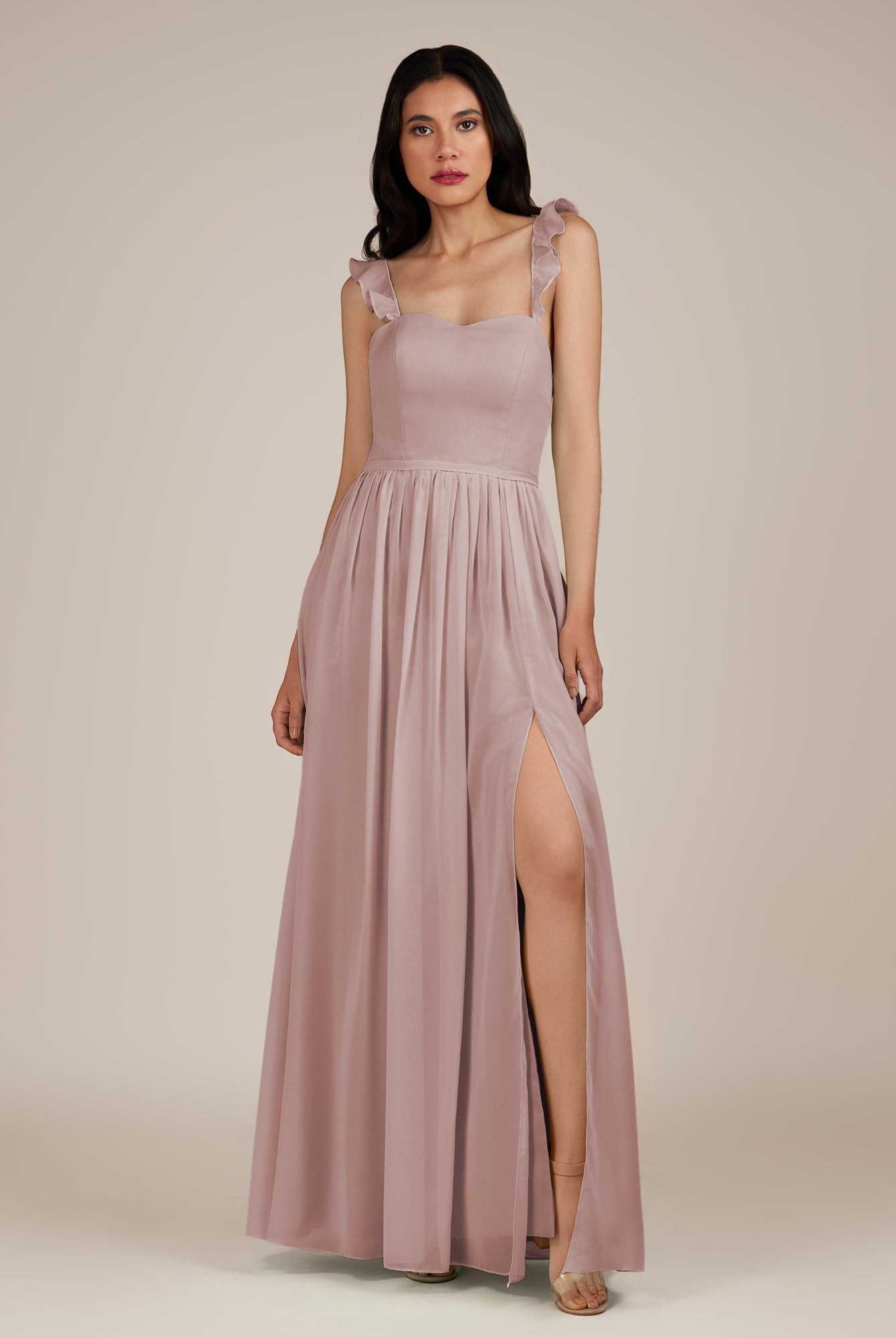KissDress-Onyx Toffee A Line Sweetheart Chiffon Ruffled Long Bridesmaid Dress with Slit