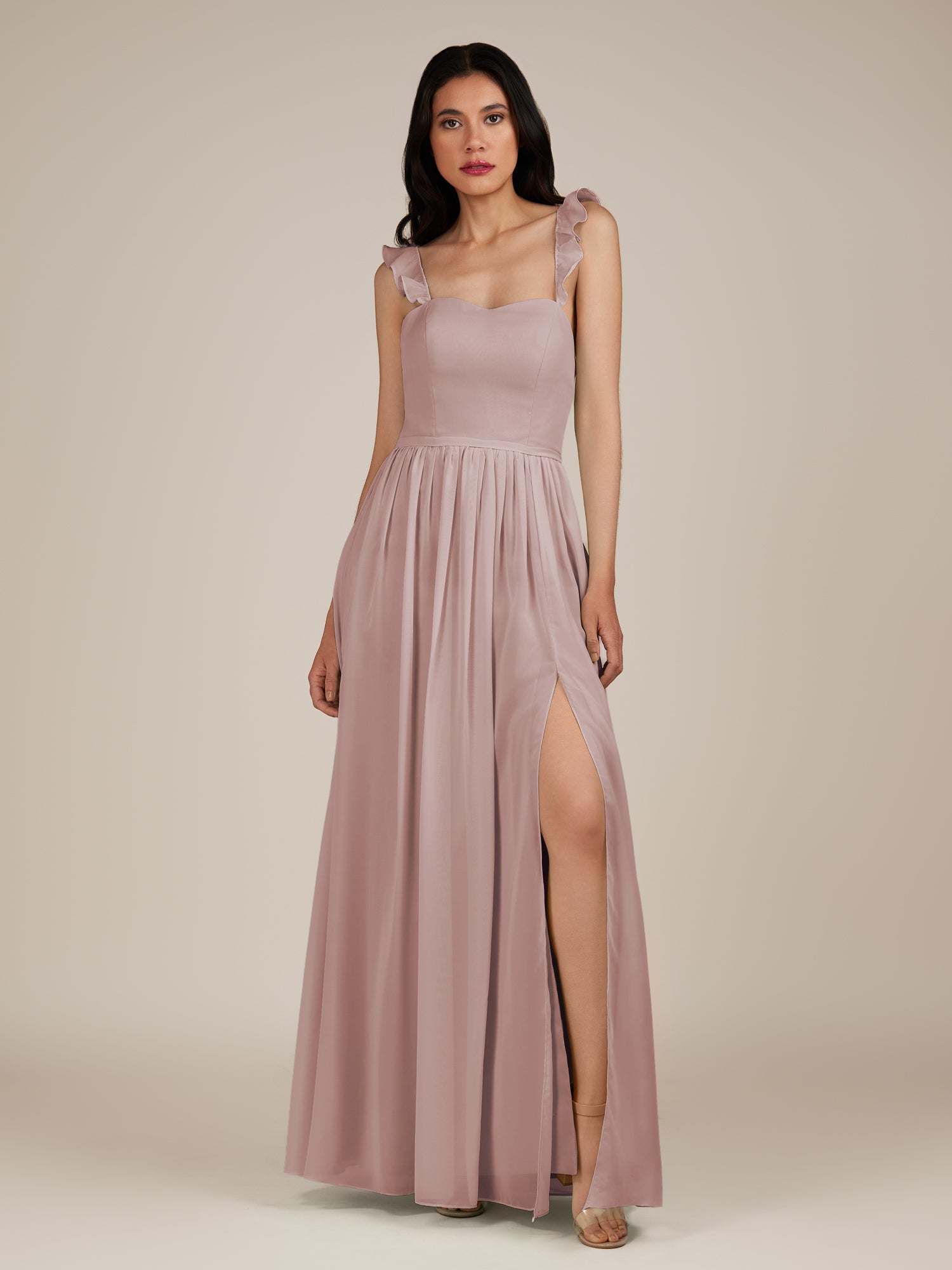 KissDress-Onyx Toffee A Line Sweetheart Chiffon Ruffled Long Bridesmaid Dress with Slit