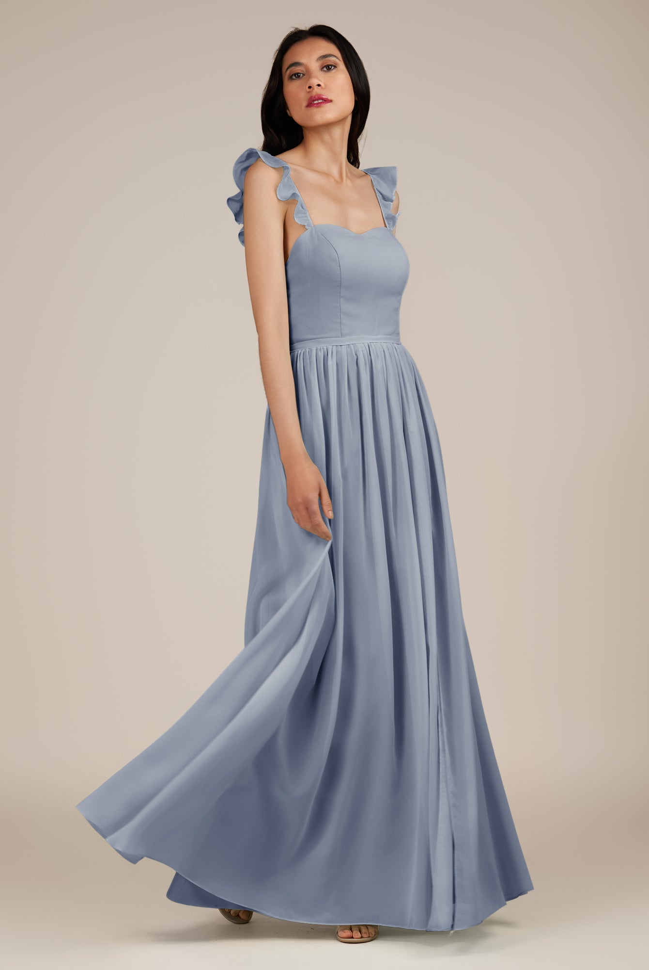 KissDress-Onyx Twilight A Line Sweetheart Chiffon Ruffled Long Bridesmaid Dress with Slit