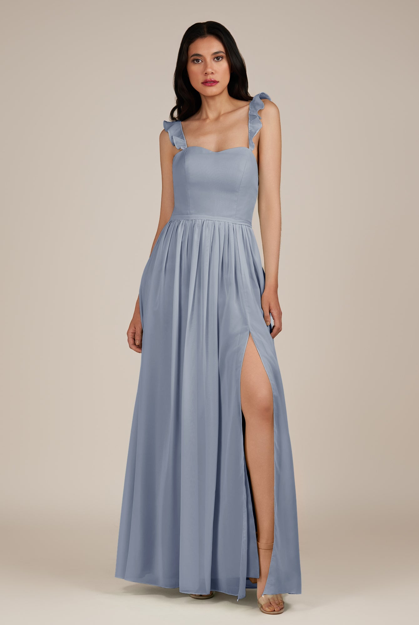 KissDress-Onyx Twilight A Line Sweetheart Chiffon Ruffled Long Bridesmaid Dress with Slit