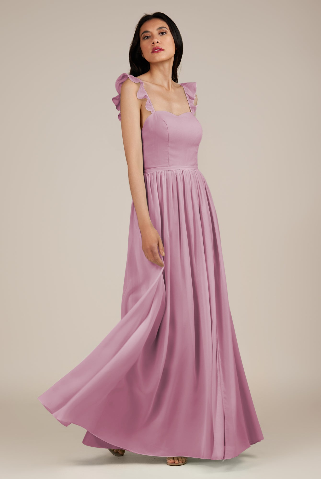 KissDress-Onyx Vintage Mauve A Line Sweetheart Chiffon Ruffled Long Bridesmaid Dress with Slit