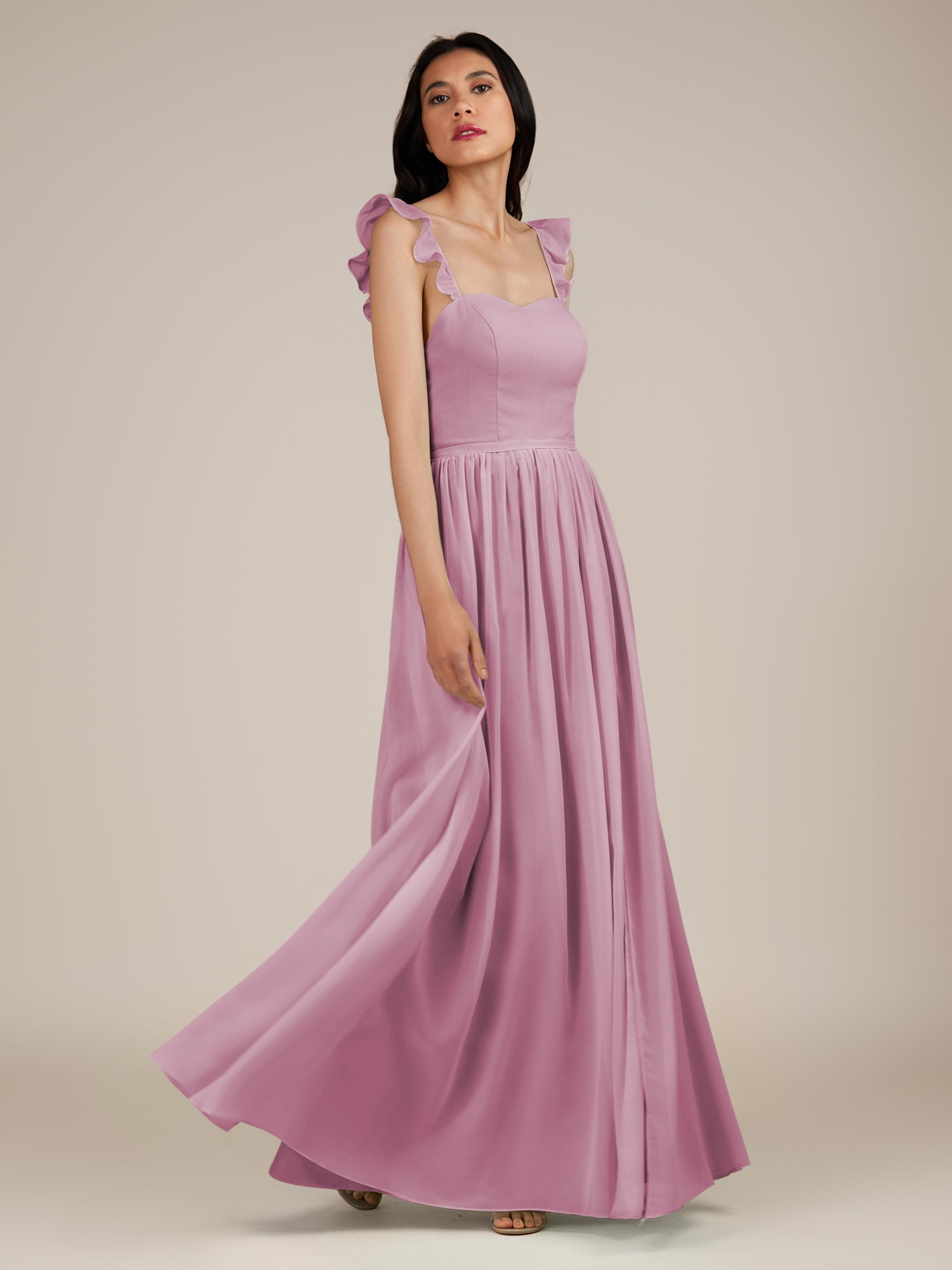 KissDress-Onyx Vintage Mauve A Line Sweetheart Chiffon Ruffled Long Bridesmaid Dress with Slit