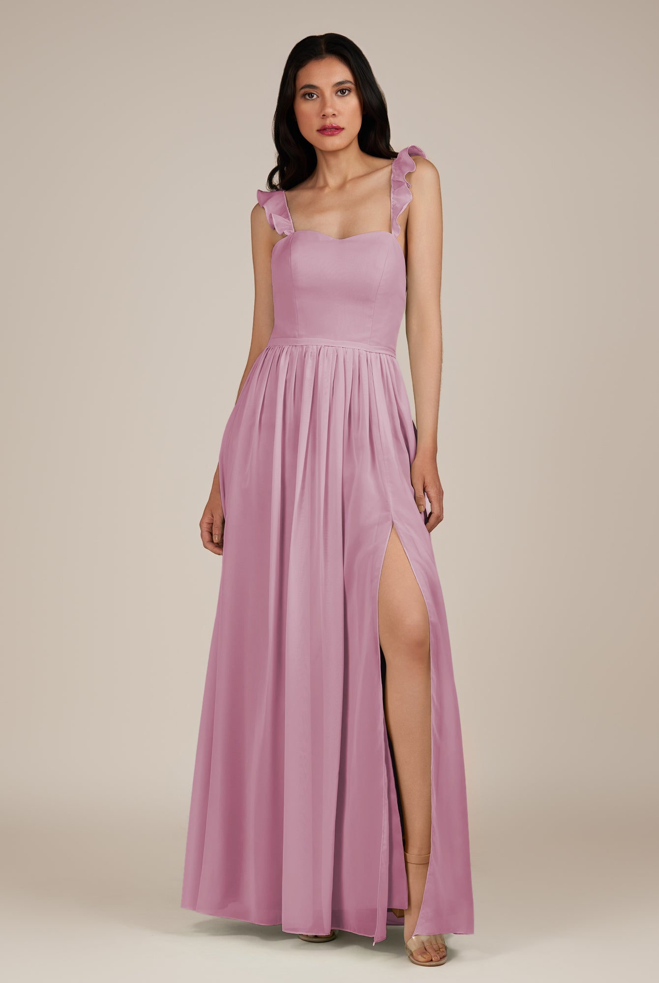 KissDress-Onyx Vintage Mauve A Line Sweetheart Chiffon Ruffled Long Bridesmaid Dress with Slit
