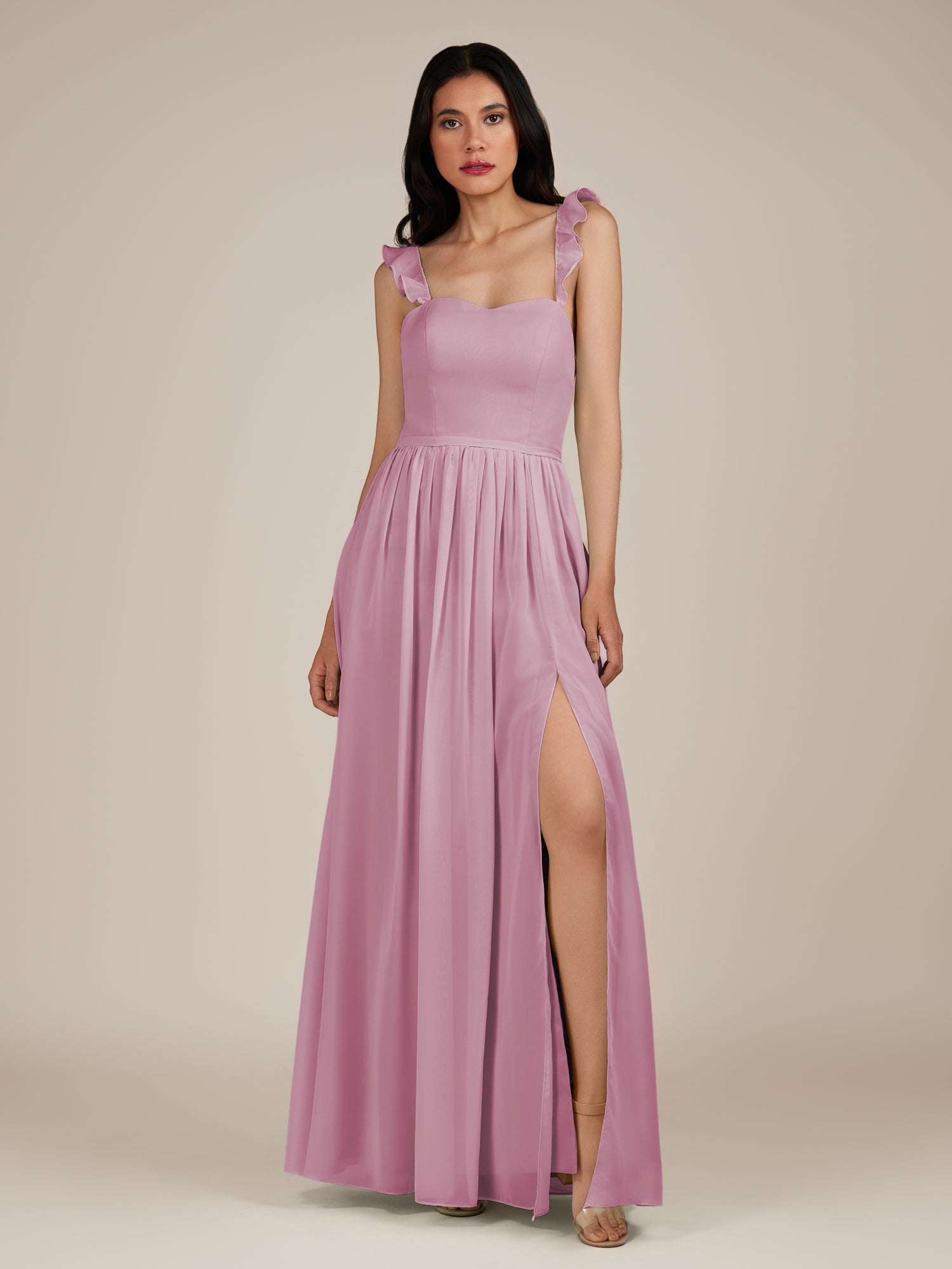 KissDress-Onyx Vintage Mauve A Line Sweetheart Chiffon Ruffled Long Bridesmaid Dress with Slit