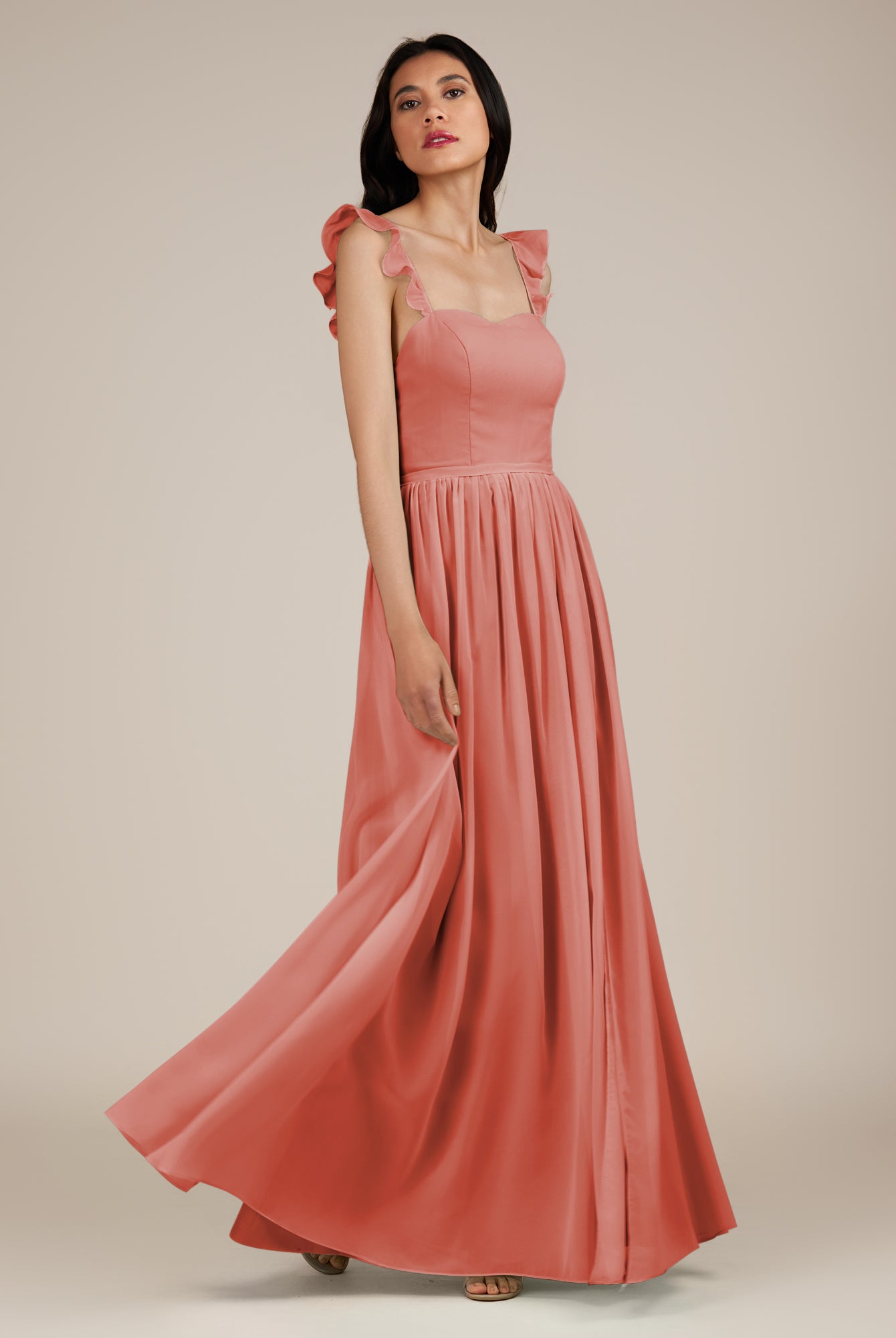 KissDress-Onyx Wild Rose A Line Sweetheart Chiffon Ruffled Long Bridesmaid Dress with Slit
