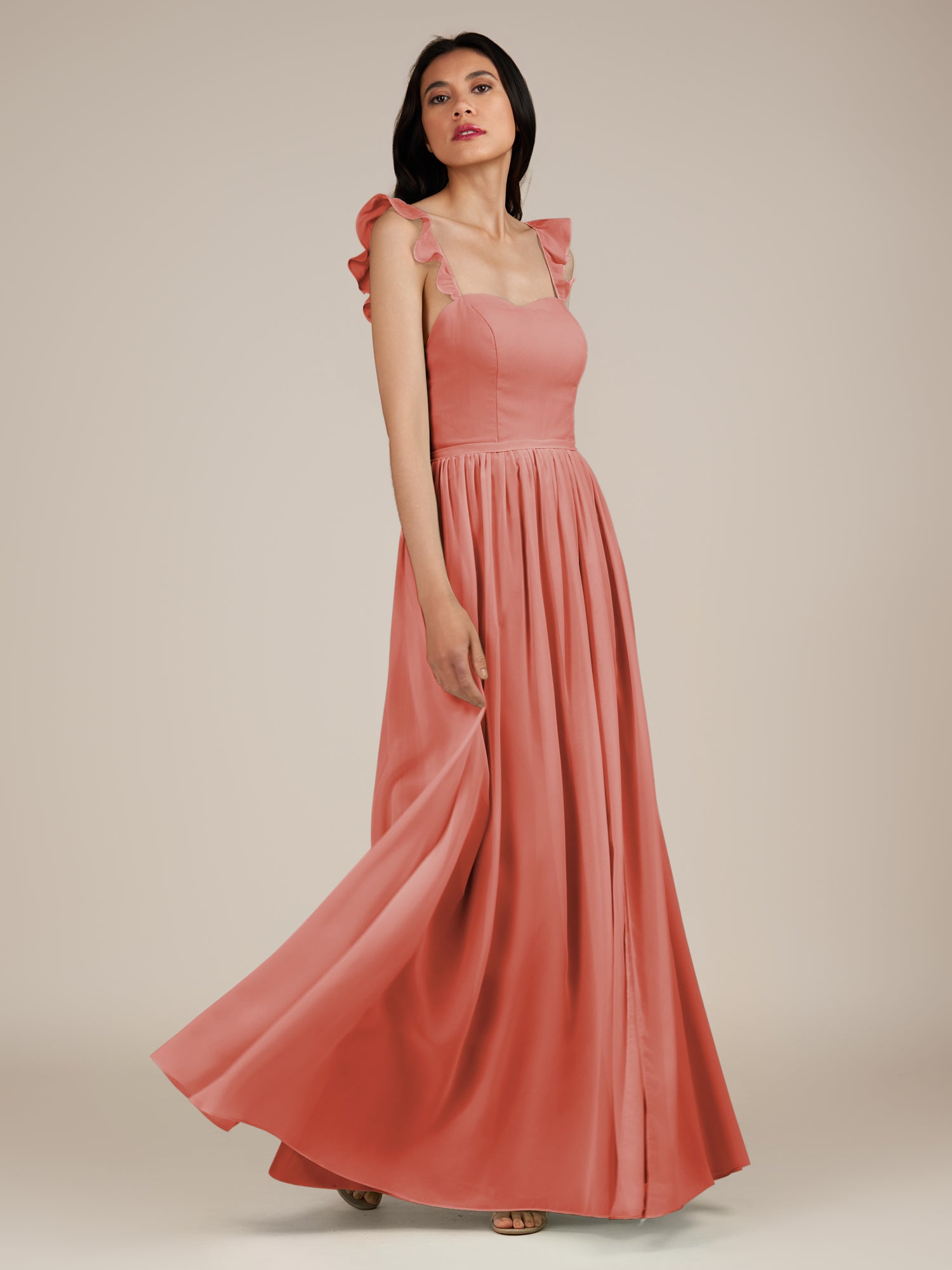 KissDress-Onyx Wild Rose A Line Sweetheart Chiffon Ruffled Long Bridesmaid Dress with Slit