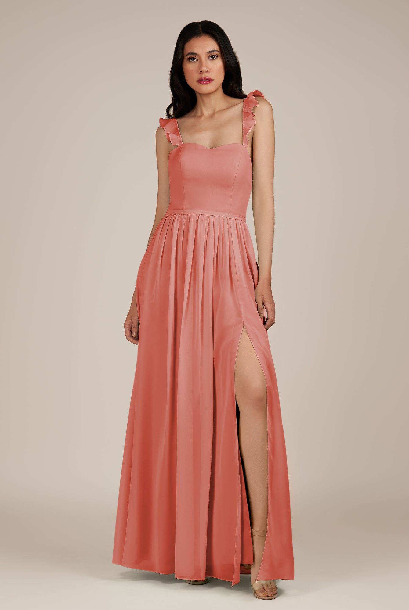 KissDress-Onyx Wild Rose A Line Sweetheart Chiffon Ruffled Long Bridesmaid Dress with Slit
