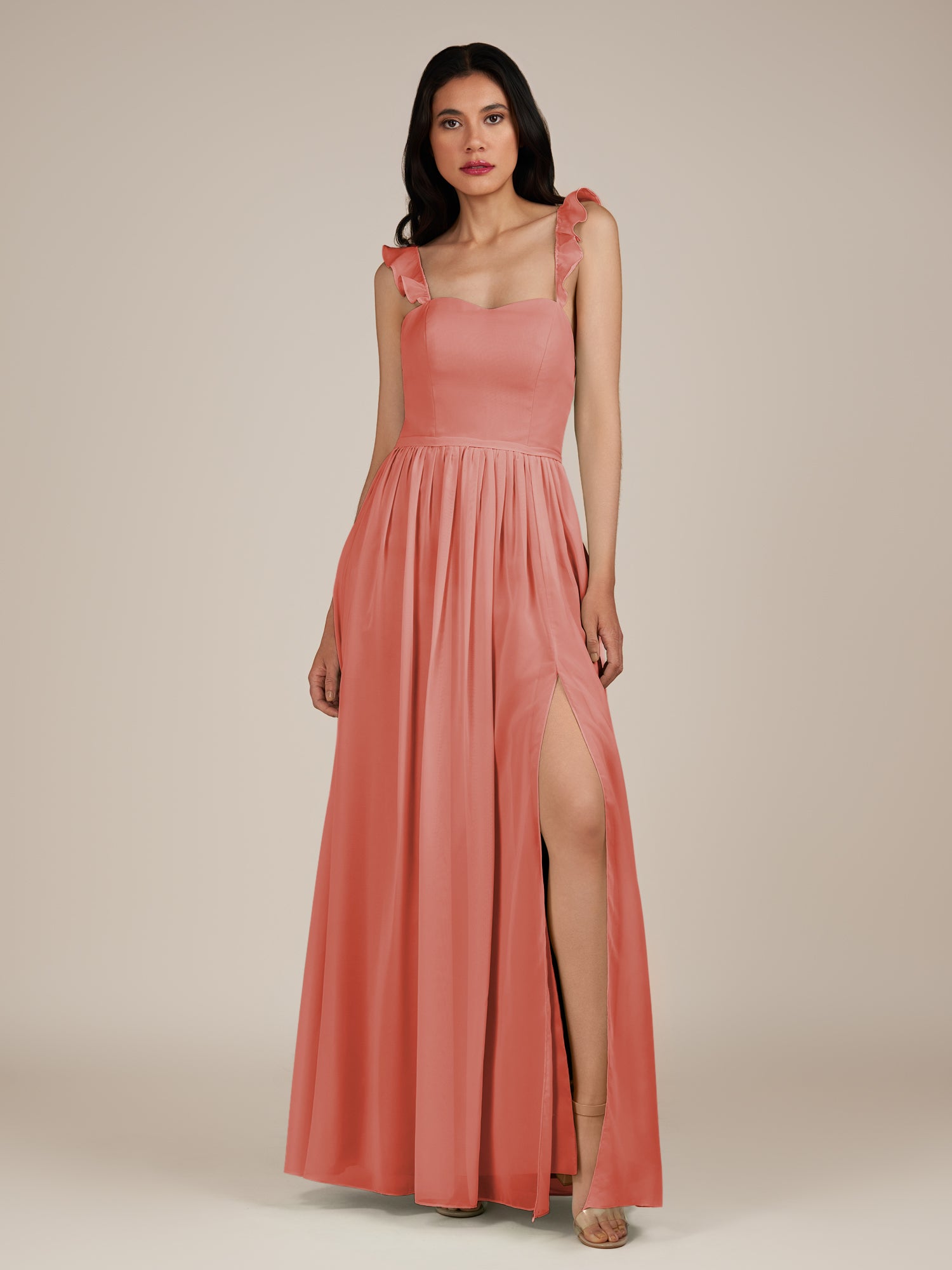 KissDress-Onyx Wild Rose A Line Sweetheart Chiffon Ruffled Long Bridesmaid Dress with Slit