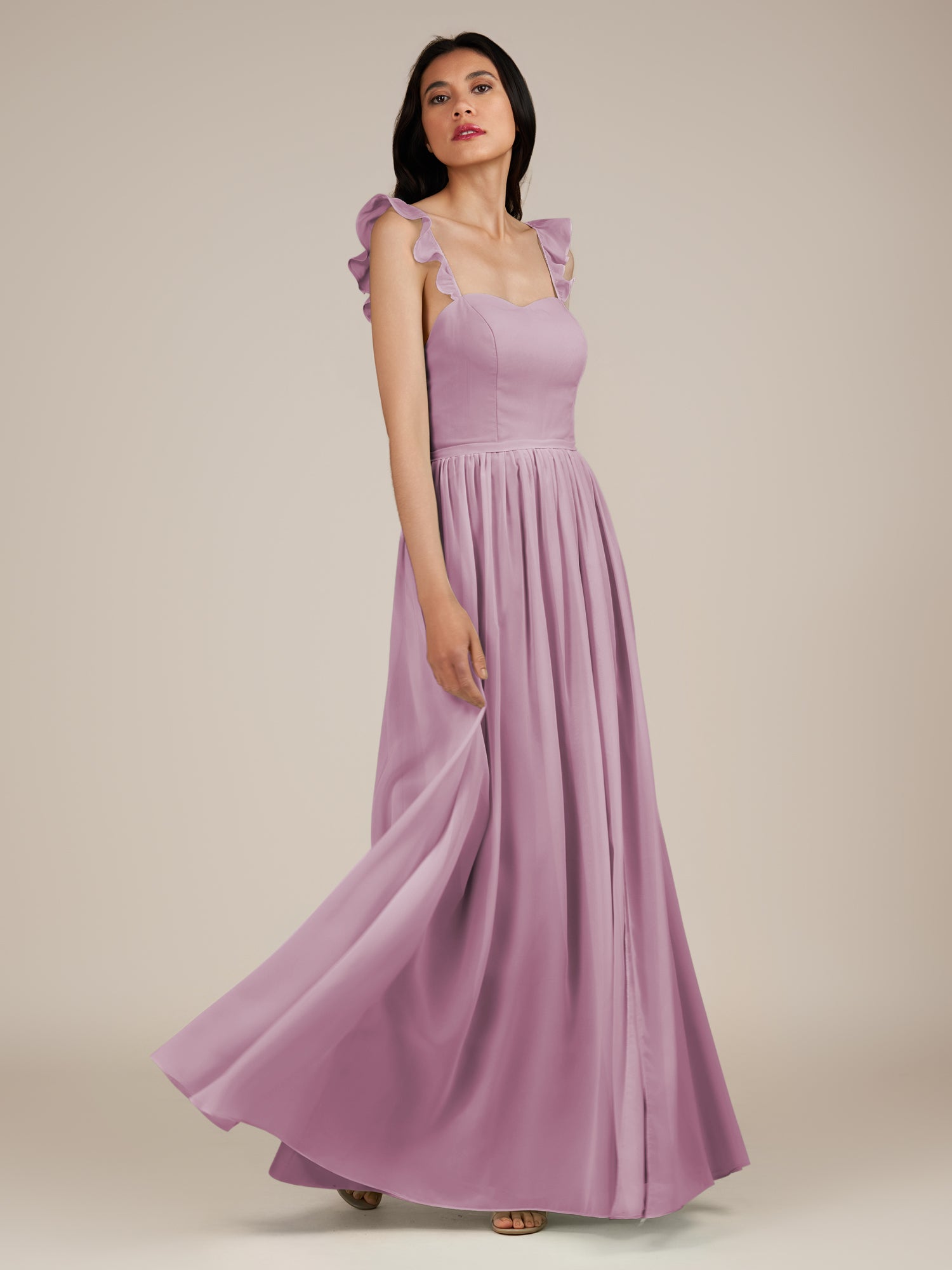 KissDress-Onyx Wisteria A Line Sweetheart Chiffon Ruffled Long Bridesmaid Dress with Slit