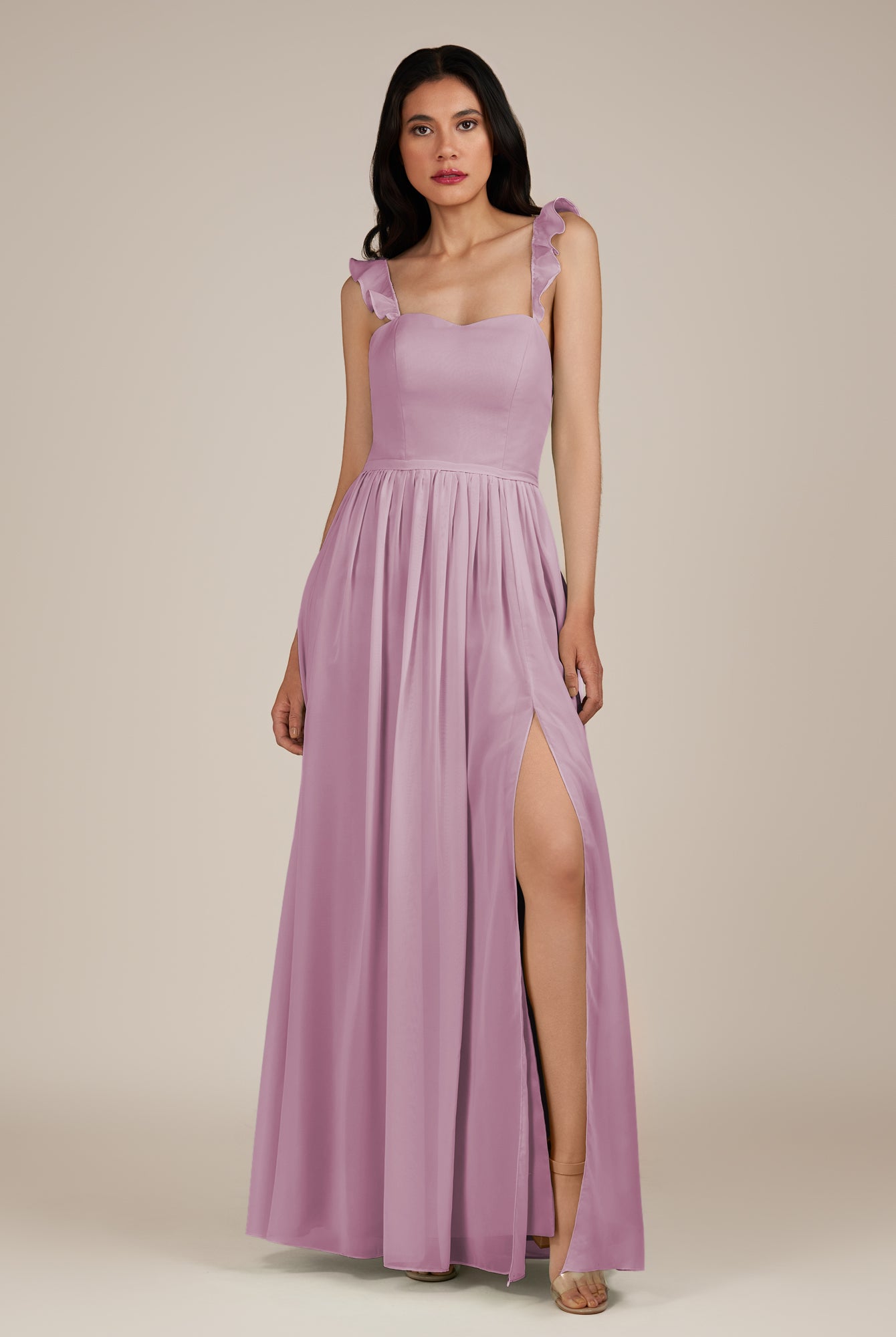 KissDress-Onyx Wisteria A Line Sweetheart Chiffon Ruffled Long Bridesmaid Dress with Slit
