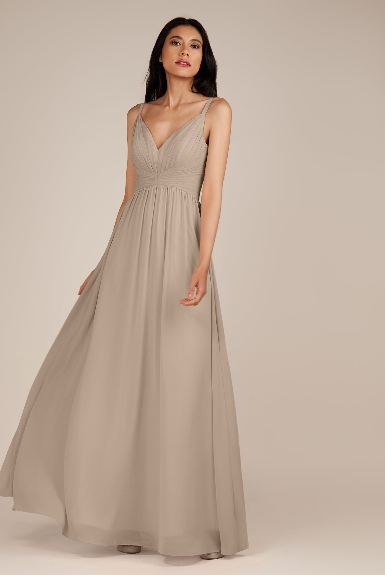 KissDress-Ophelia Almond A Line Chiffon V Neck Long Bridesmaid Dress with Pleats