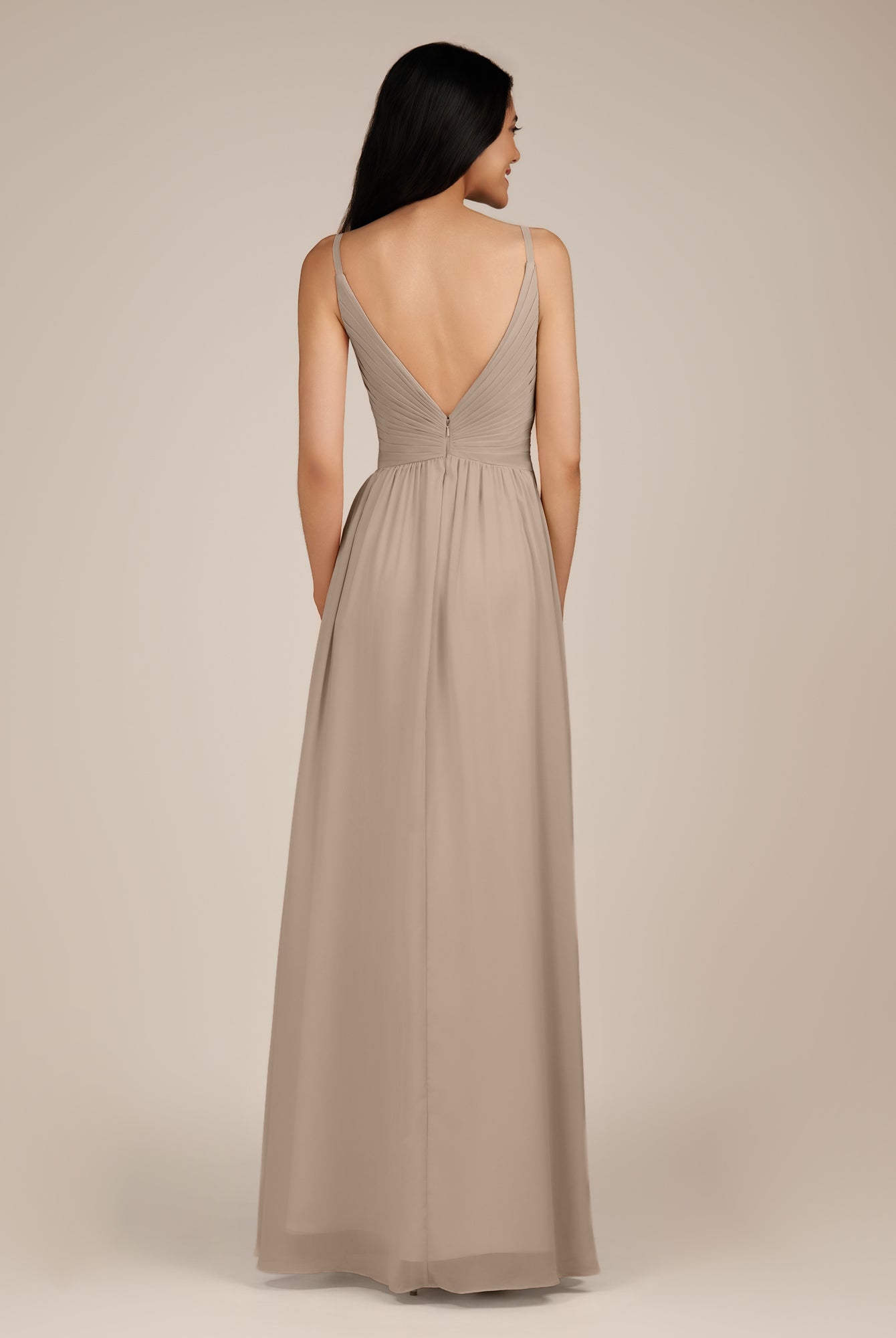 KissDress-Ophelia Almond A Line Chiffon V Neck Long Bridesmaid Dress with Pleats