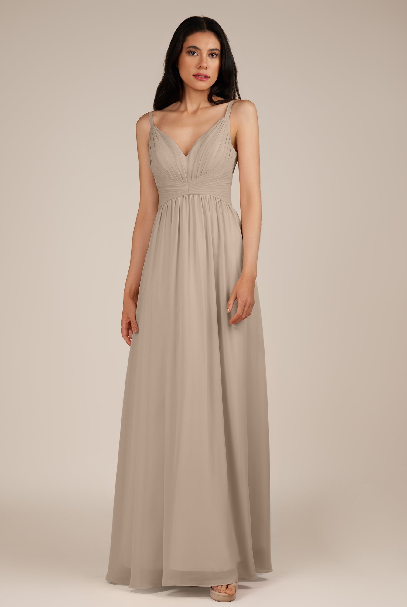 KissDress-Ophelia Almond A Line Chiffon V Neck Long Bridesmaid Dress with Pleats