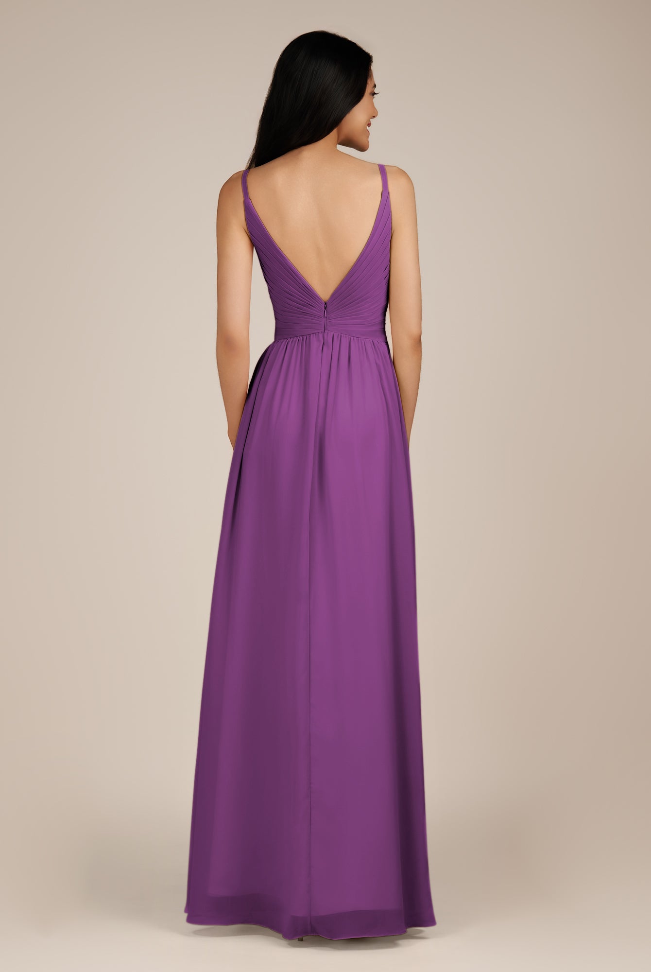 KissDress-Ophelia Amethyst A Line Chiffon V Neck Long Bridesmaid Dress with Pleats