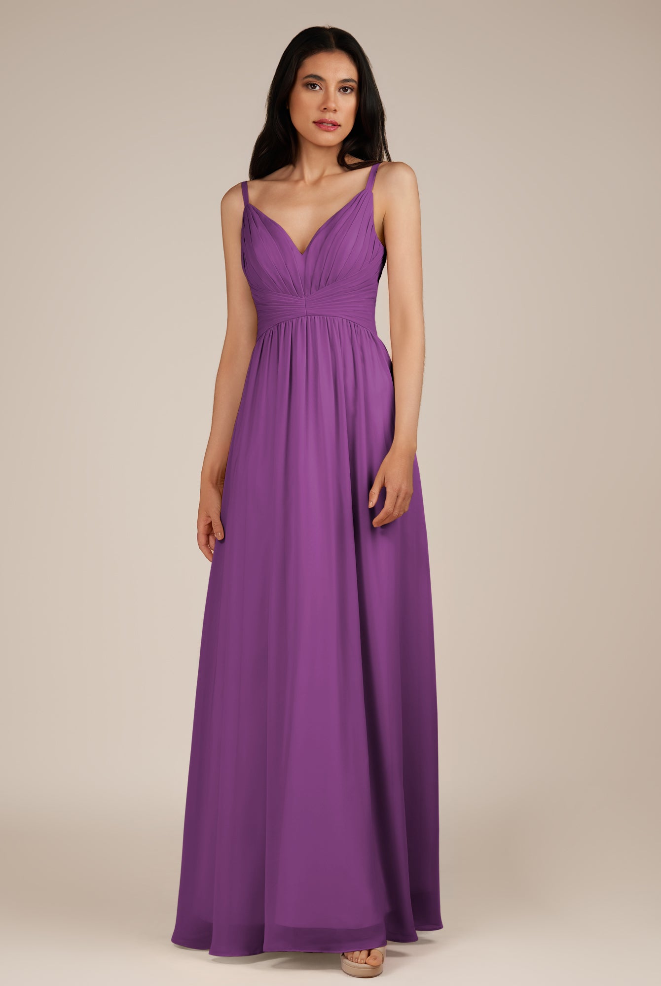 KissDress-Ophelia Amethyst A Line Chiffon V Neck Long Bridesmaid Dress with Pleats