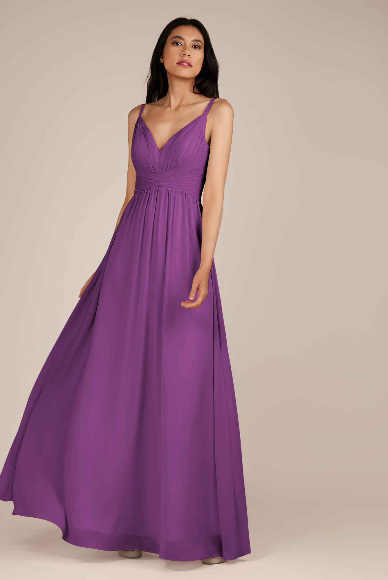 KissDress-Ophelia Amethyst A Line Chiffon V Neck Long Bridesmaid Dress with Pleats