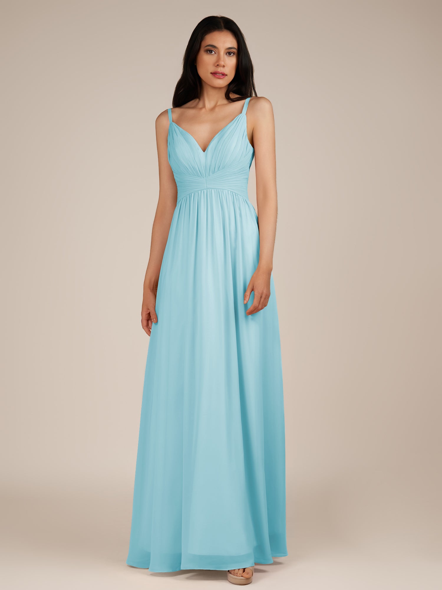 KissDress-Ophelia Aqua A Line Chiffon V Neck Long Bridesmaid Dress with Pleats