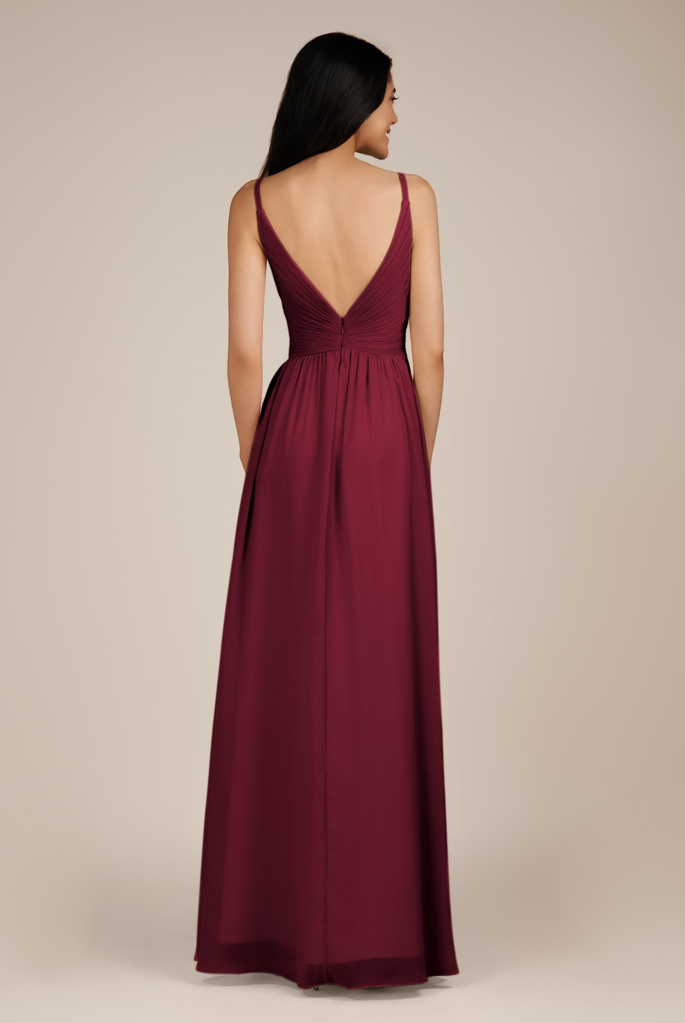 KissDress-Ophelia Berry A Line Chiffon V Neck Long Bridesmaid Dress with Pleats