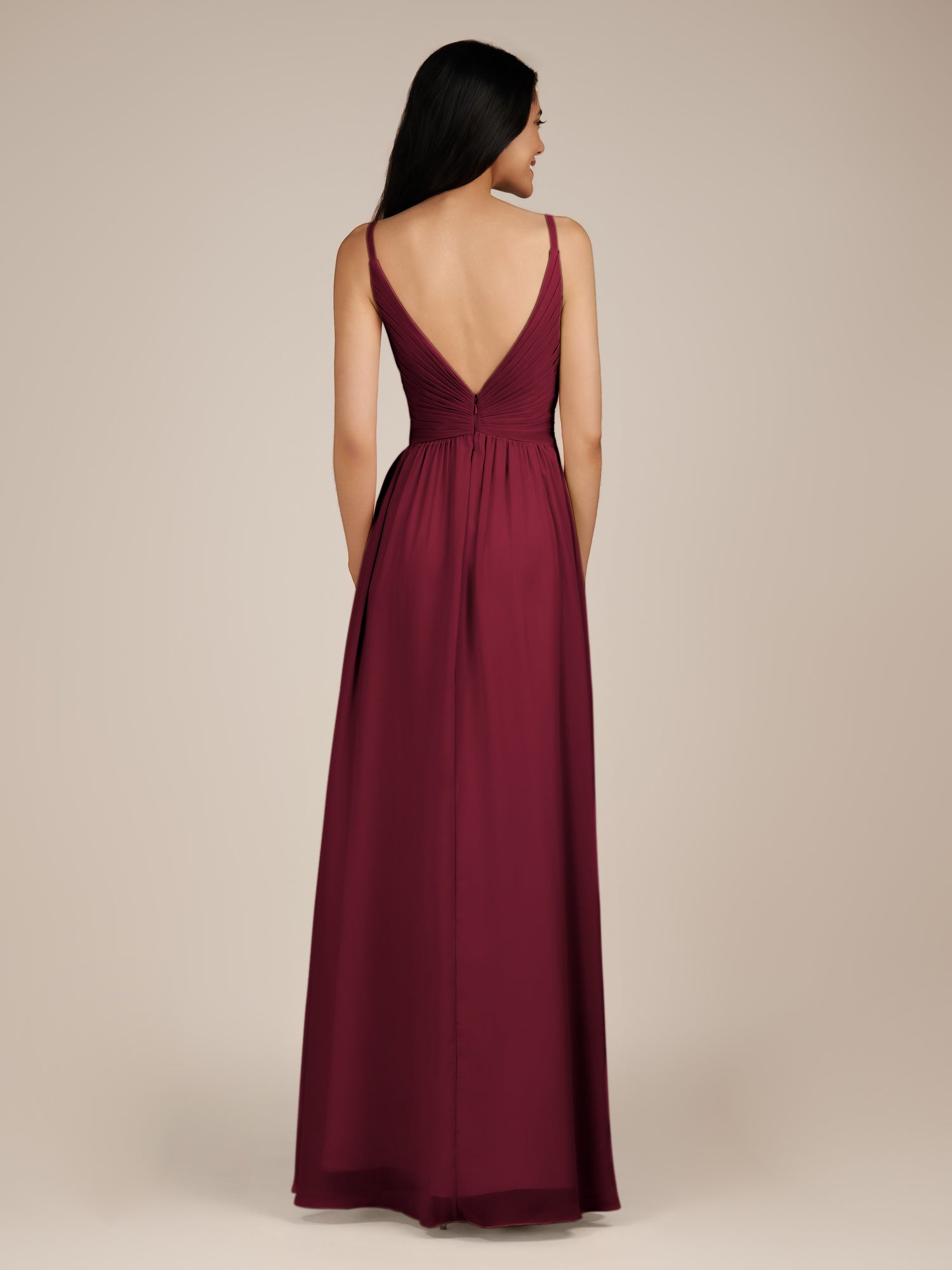 KissDress-Ophelia Berry A Line Chiffon V Neck Long Bridesmaid Dress with Pleats