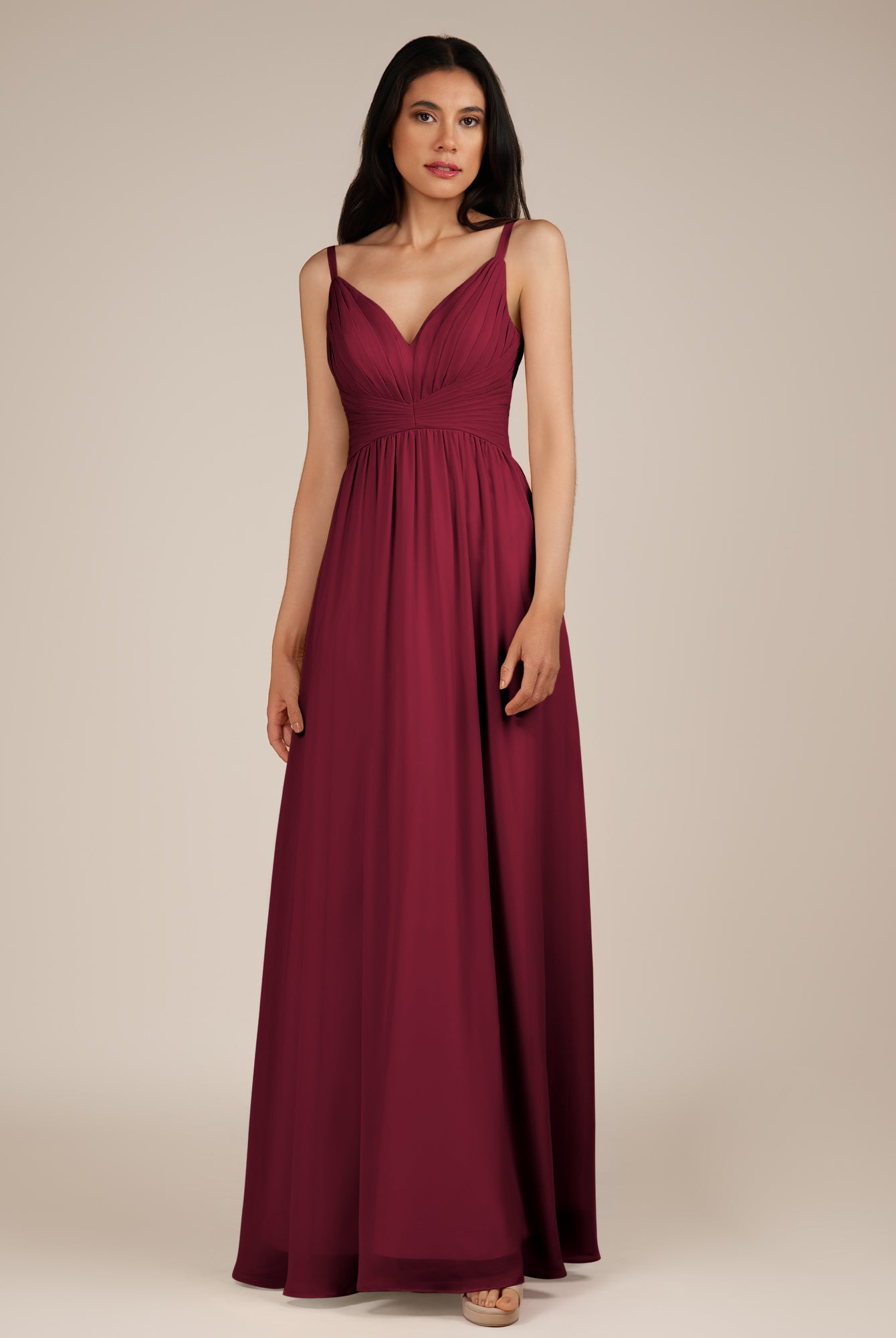 KissDress-Ophelia Berry A Line Chiffon V Neck Long Bridesmaid Dress with Pleats