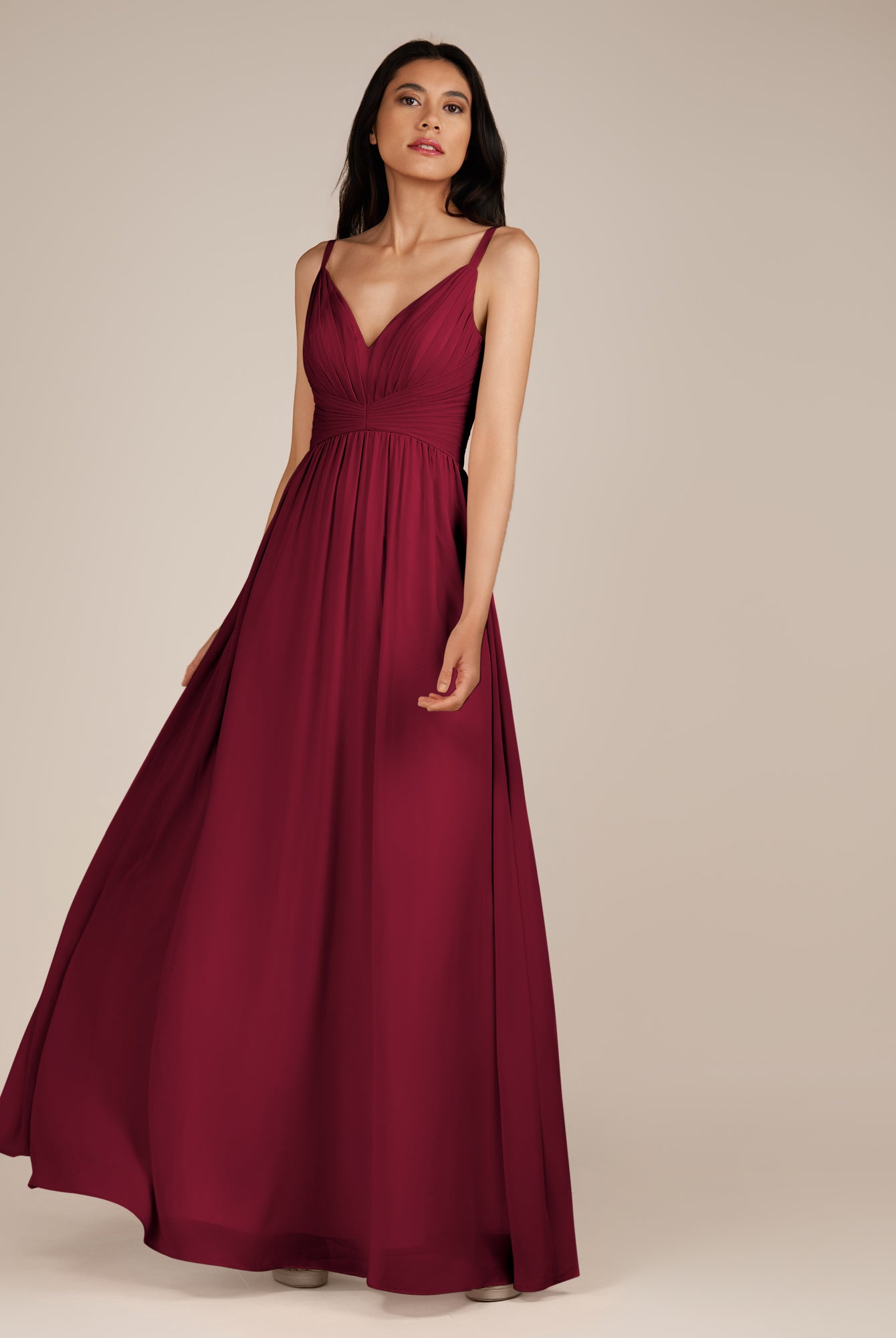 KissDress-Ophelia Berry A Line Chiffon V Neck Long Bridesmaid Dress with Pleats