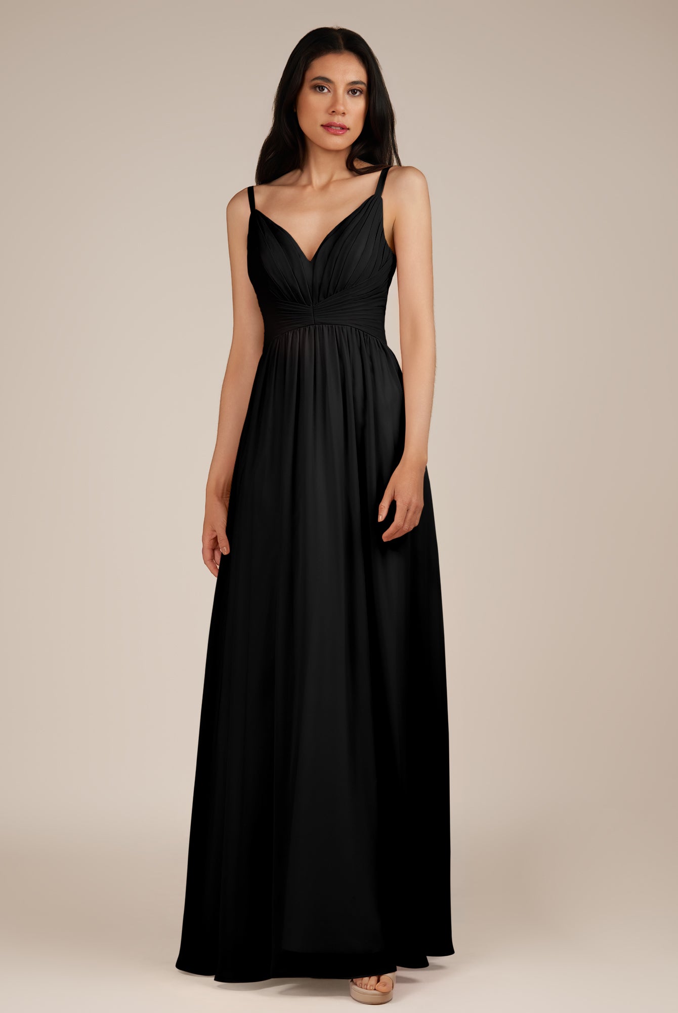 KissDress-Ophelia Black A Line Chiffon V Neck Long Bridesmaid Dress with Pleats