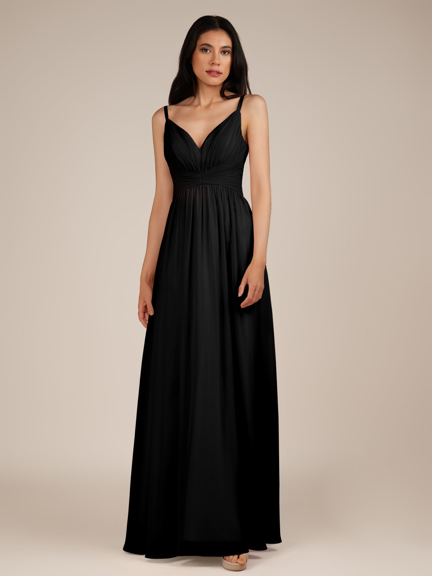 KissDress-Ophelia Black A Line Chiffon V Neck Long Bridesmaid Dress with Pleats