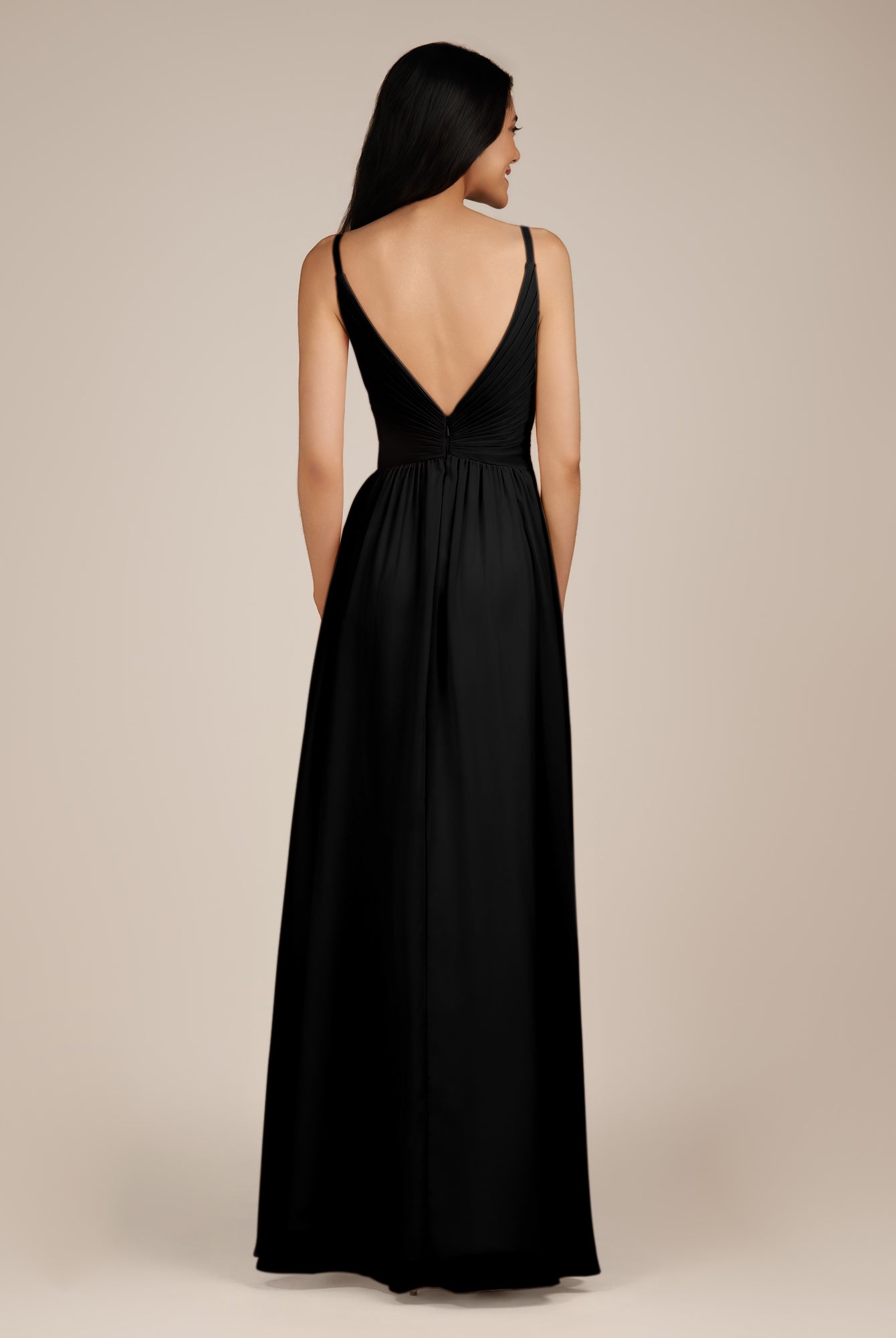 KissDress-Ophelia Black A Line Chiffon V Neck Long Bridesmaid Dress with Pleats