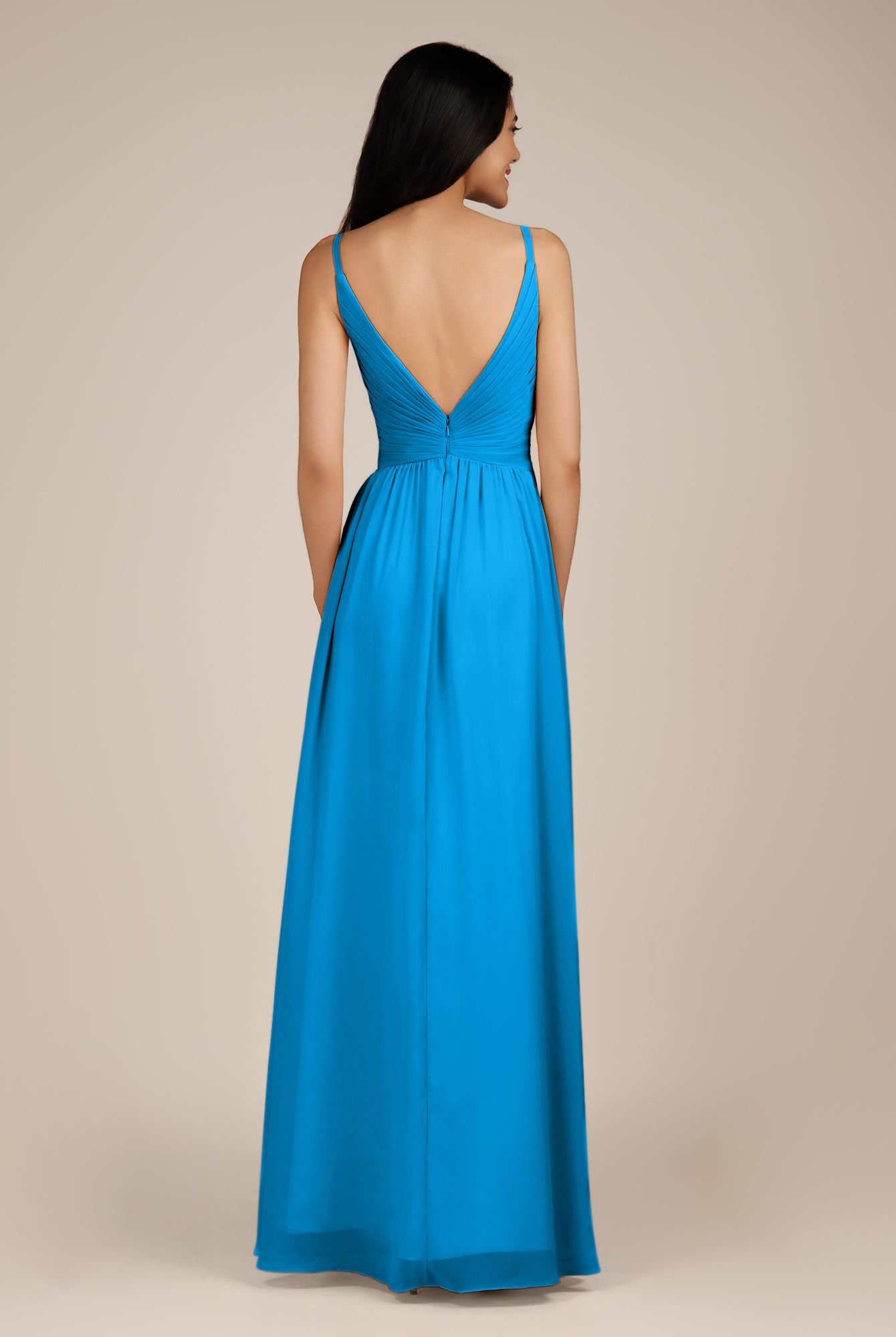 KissDress-Ophelia Blue Jay A Line Chiffon V Neck Long Bridesmaid Dress with Pleats