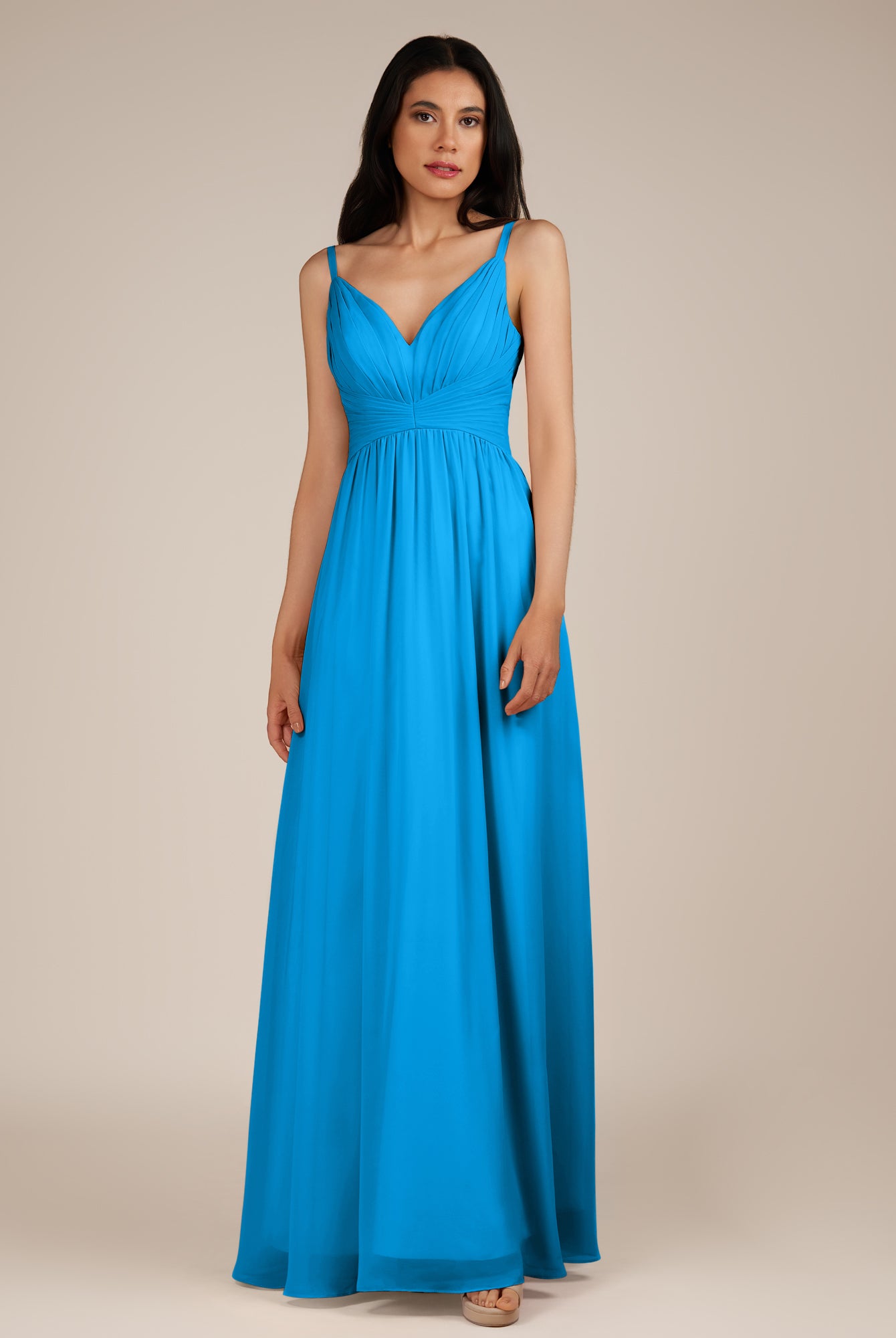 KissDress-Ophelia Blue Jay A Line Chiffon V Neck Long Bridesmaid Dress with Pleats