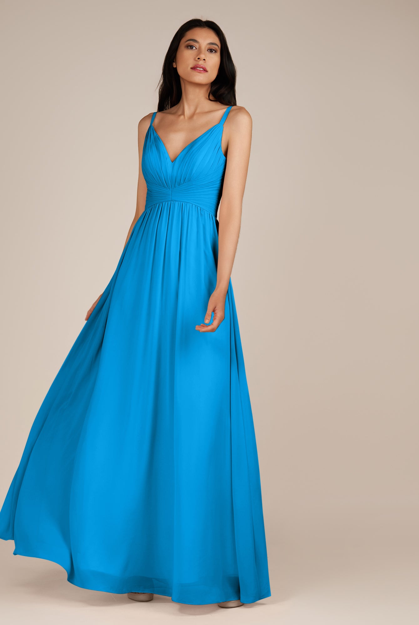 KissDress-Ophelia Blue Jay A Line Chiffon V Neck Long Bridesmaid Dress with Pleats