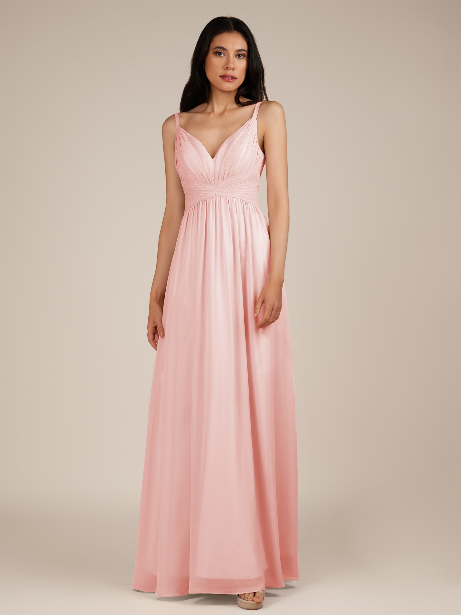 KissDress-Ophelia Blush Pink A Line Chiffon V Neck Long Bridesmaid Dress with Pleats